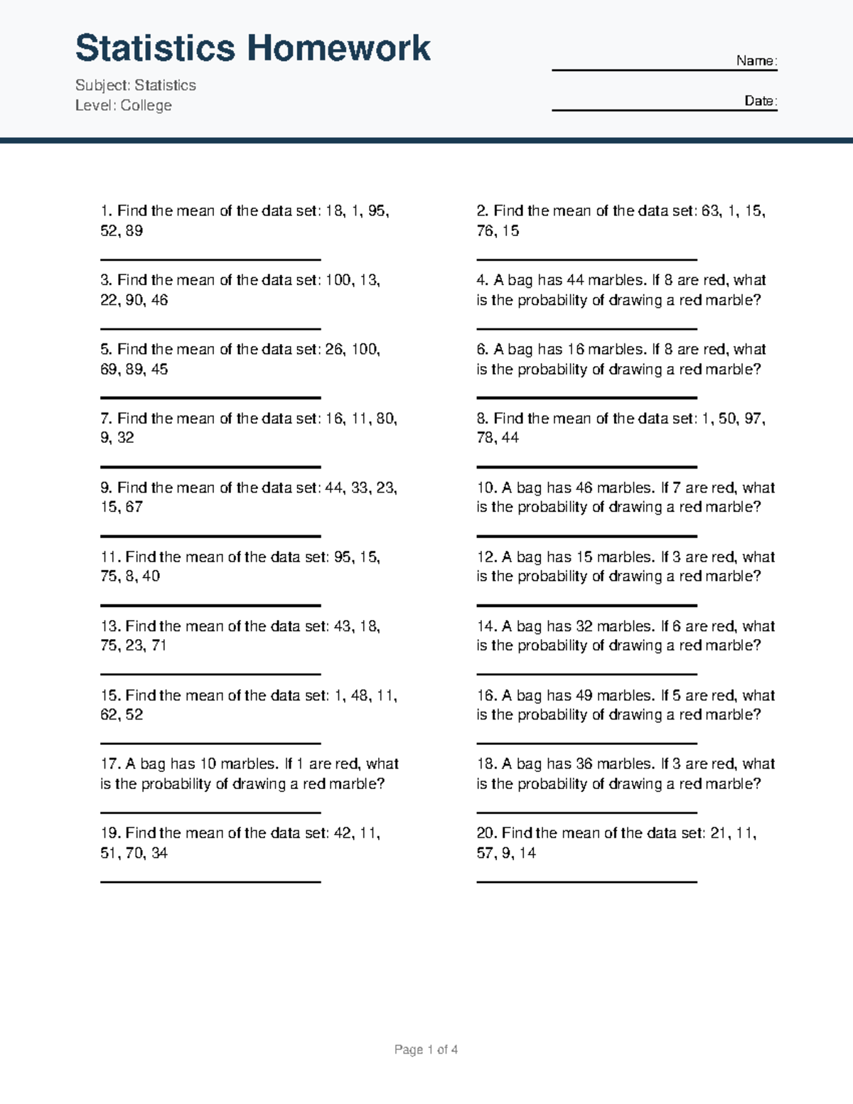 Statistics Homework 3: Mean & Probability Problems - Studocu