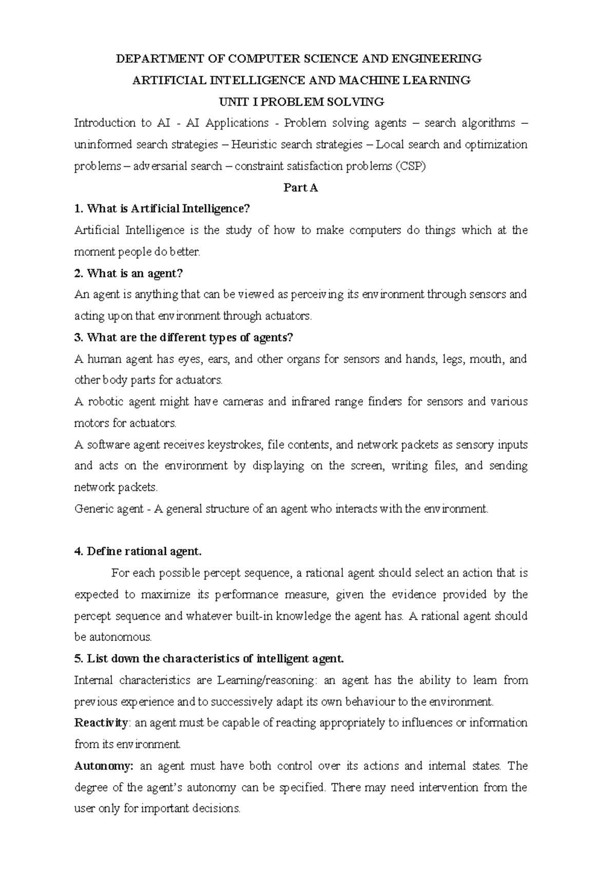 UNIT I - TWO MARKS Q AND A - DEPARTMENT OF COMPUTER SCIENCE AND ...