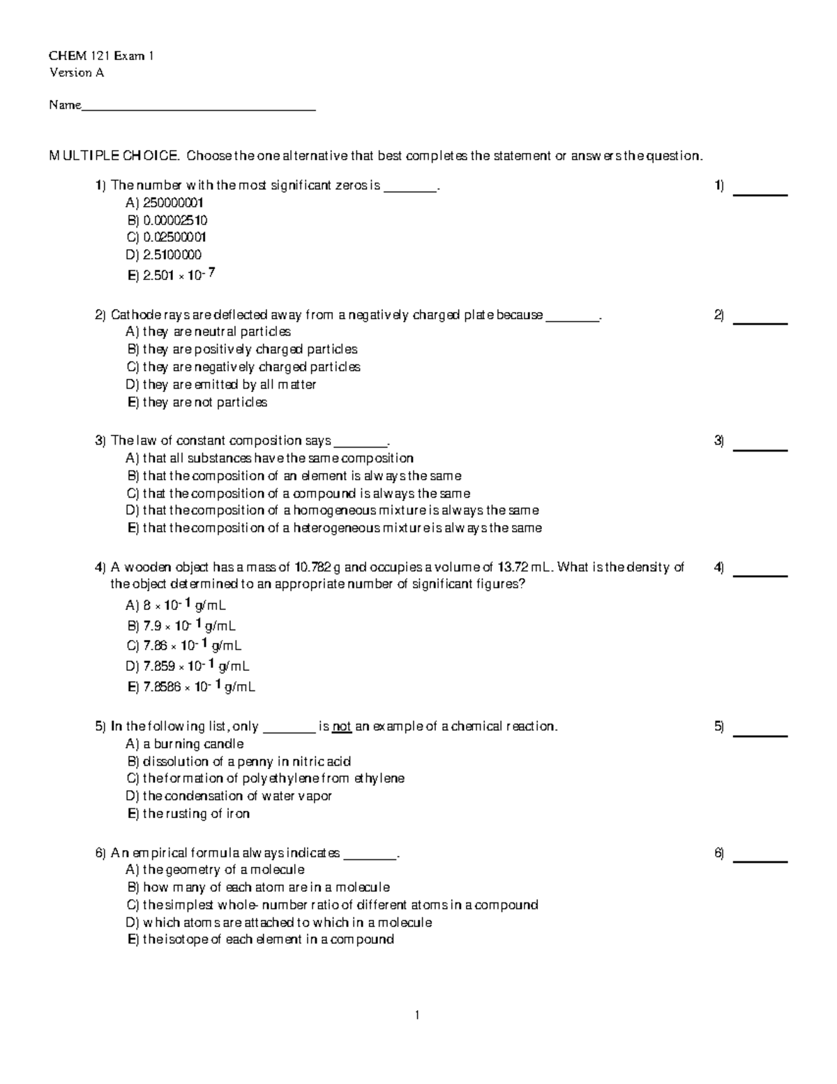 CHEM 121 Exam 1 Fall 2022 Version A: Study Guide and Questions - Studocu