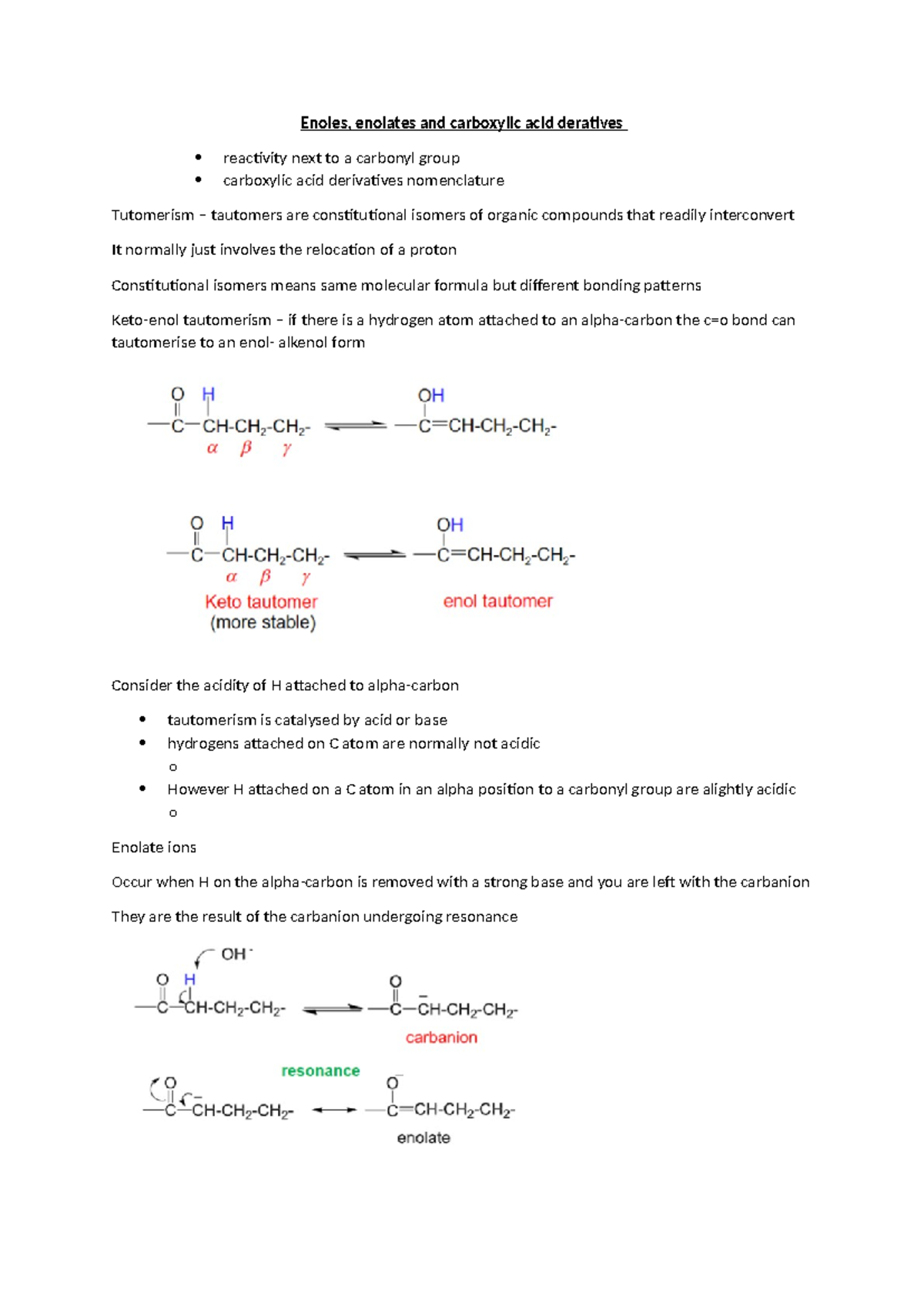 Organic Chemistry: Enols, Enolates & Tautomerism - CHM 301 Notes - Studocu