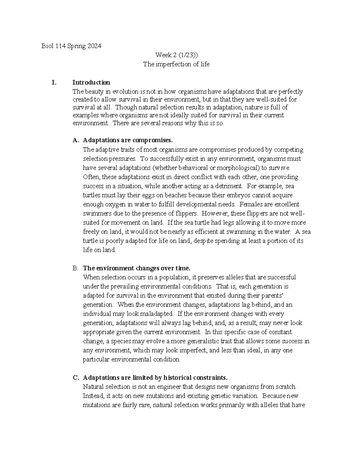 Lecture week 2 (1-23) - Notes The imperfection of life - Biol 114 ...