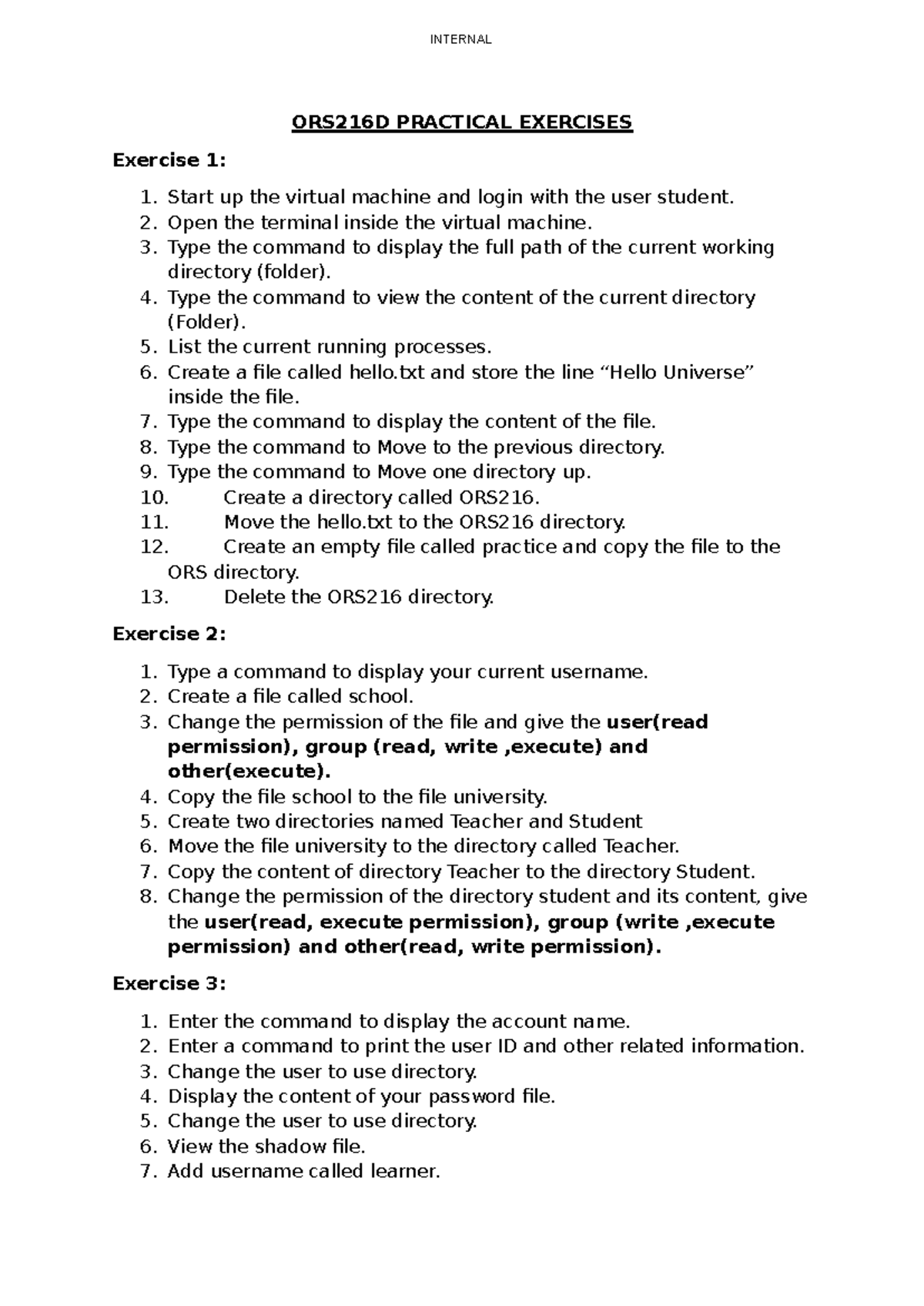 ORS216D Practical Exercises: Virtual Machine Commands Guide - Studocu