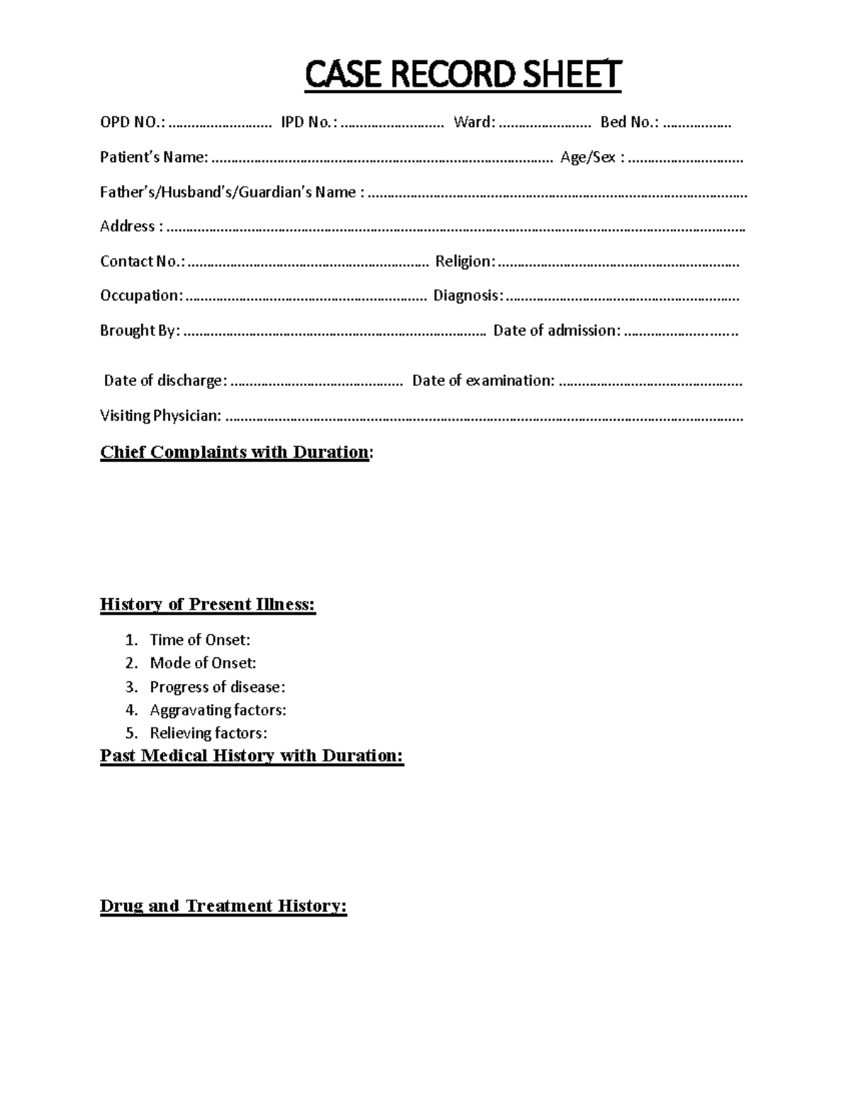 CASE RECORD SHEET: Patient Examination & Diagnosis Details - Studocu