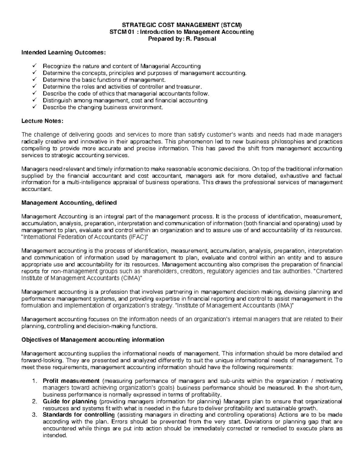 STCM 01: Introduction to Management Accounting Lecture Notes - Studocu