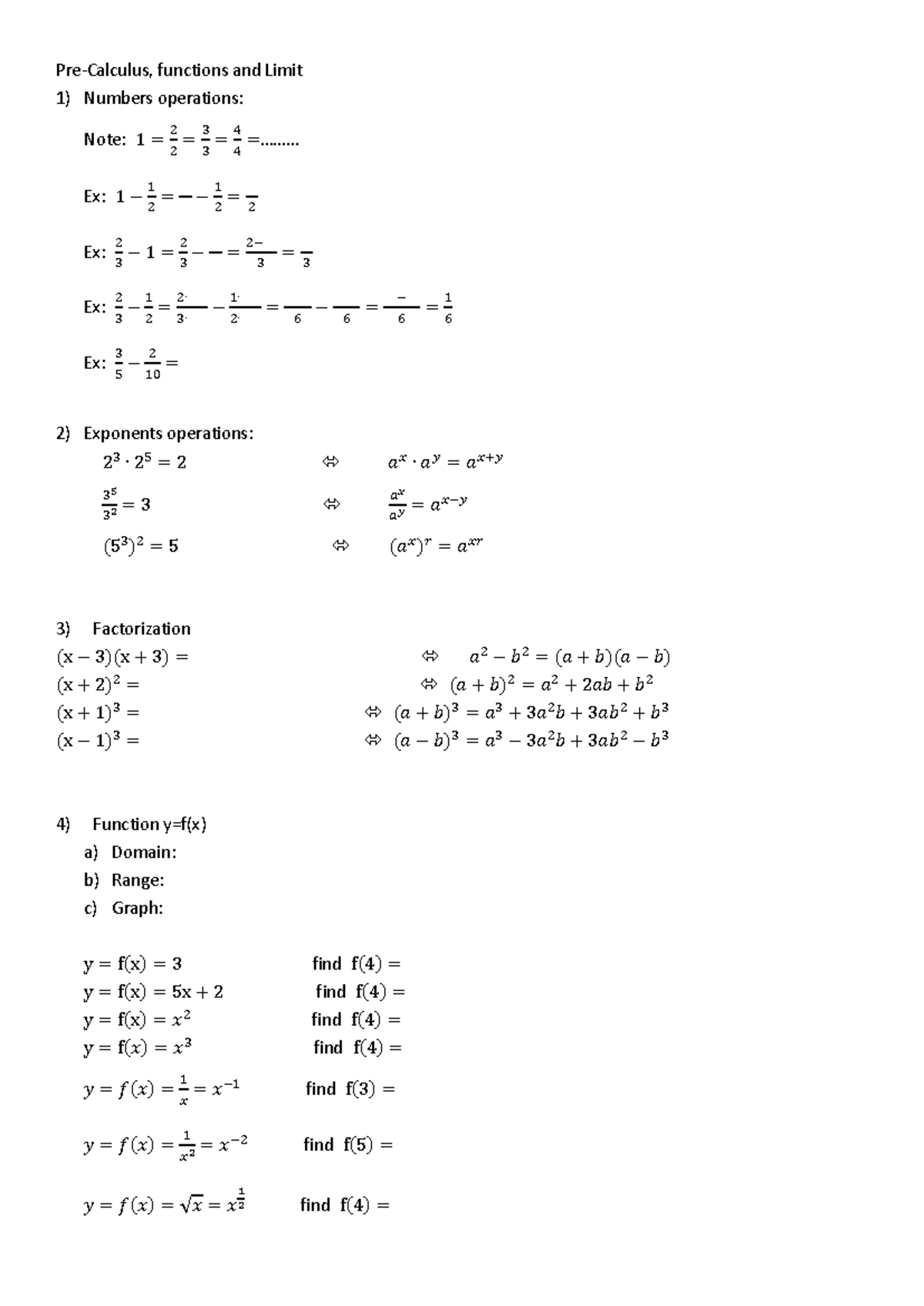 Pre-Calculus Exercise 1: Functions and Limits Overview - Studocu