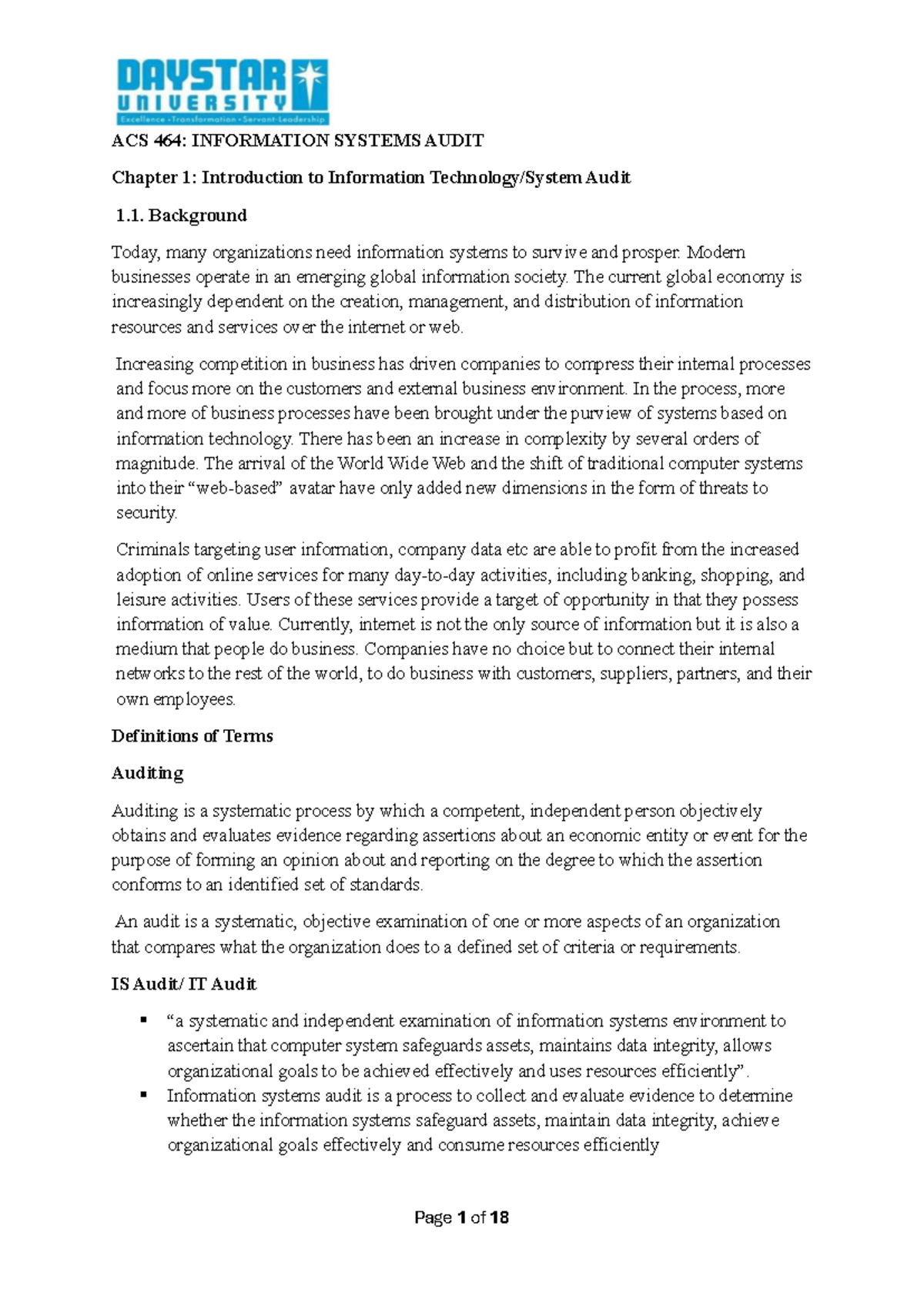 ACS 464: IS Audit Class Notes - Chapter 1 Overview and Concepts - Studocu