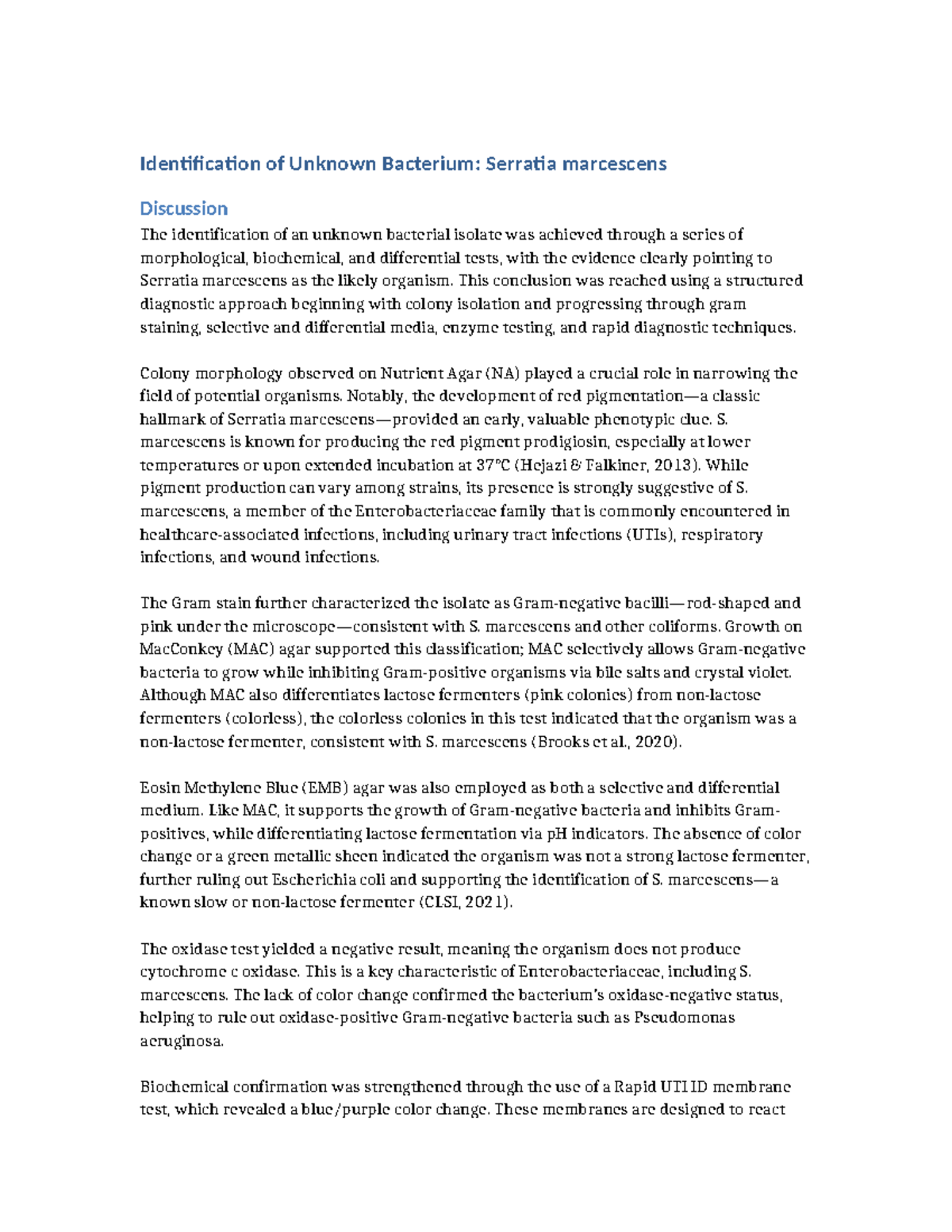 Serratia marcescens Lab Report: Identification of Unknown Bacterium ...