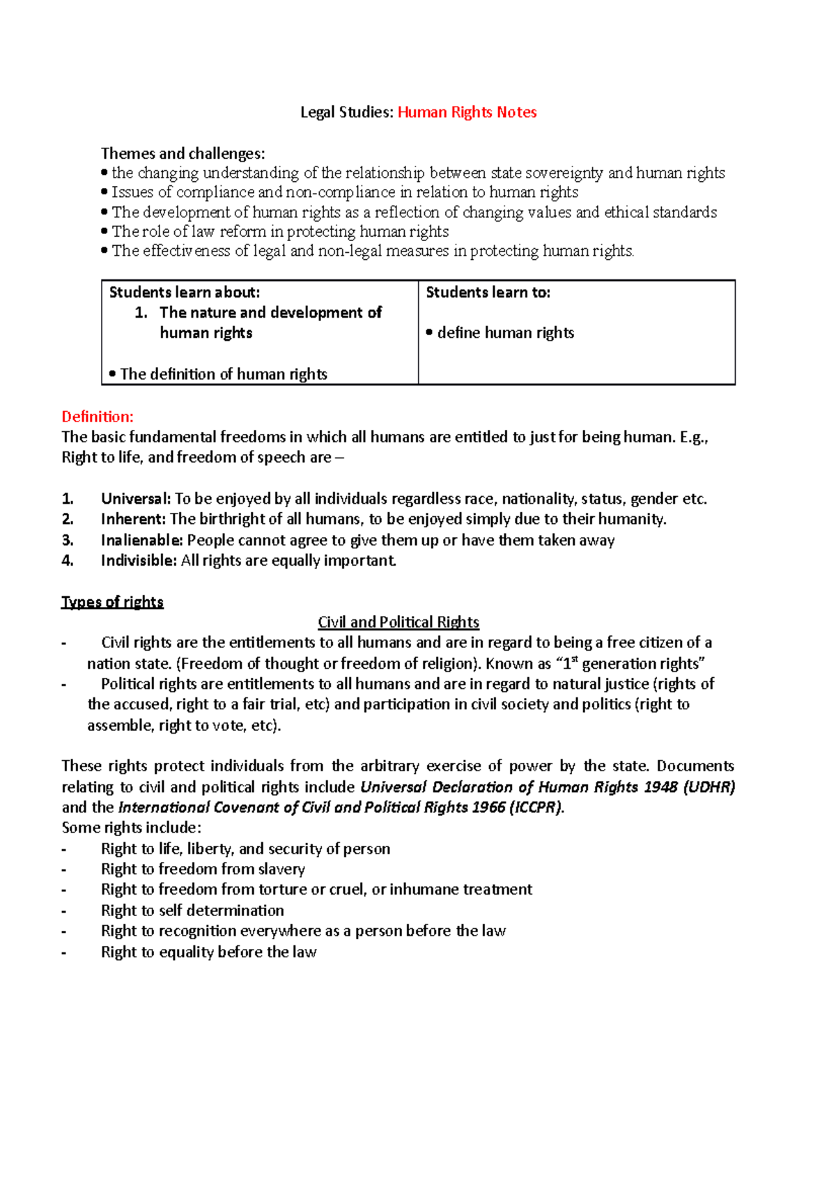 HSC Legal Studies 2021: Comprehensive Human Rights Notes - Studocu