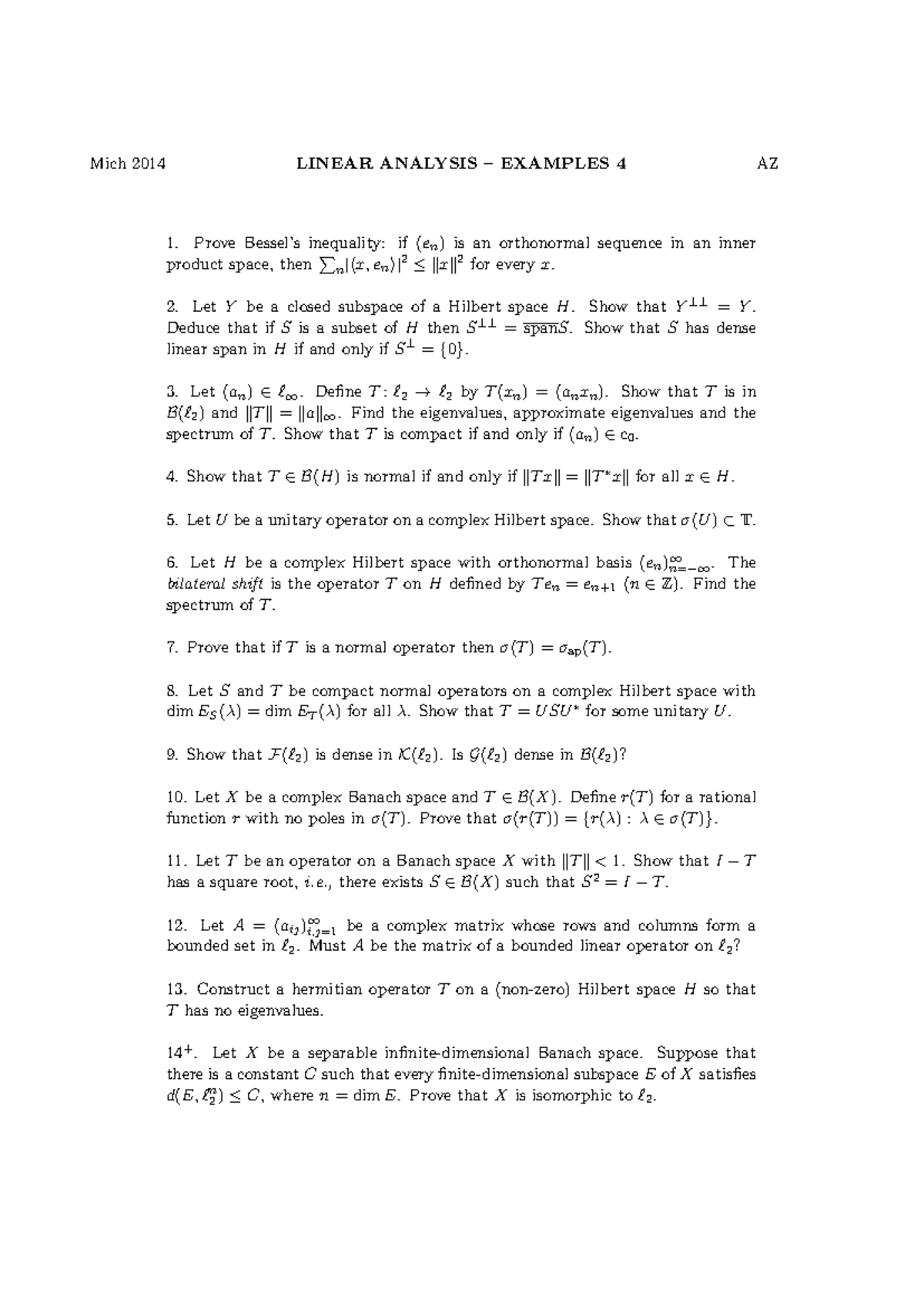 Mich 2014 Linear Analysis Example Sheet 4: Key Proofs and Concepts ...