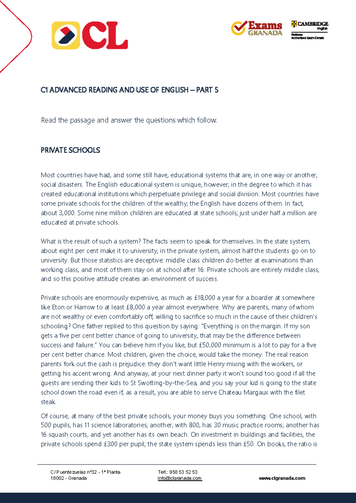 C1 ADVANCED READING & USE OF ENGLISH PART 5 - Private Schools Analysis ...