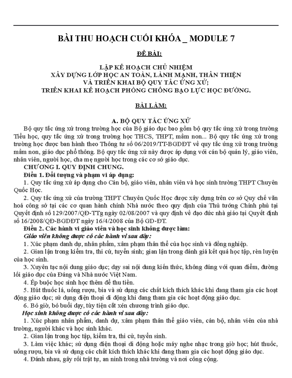 BÀI THU HOẠCH CUỐI KHÓA MODULE 7: KẾ HOẠCH AN TOÀN LỚP HỌC - Studocu