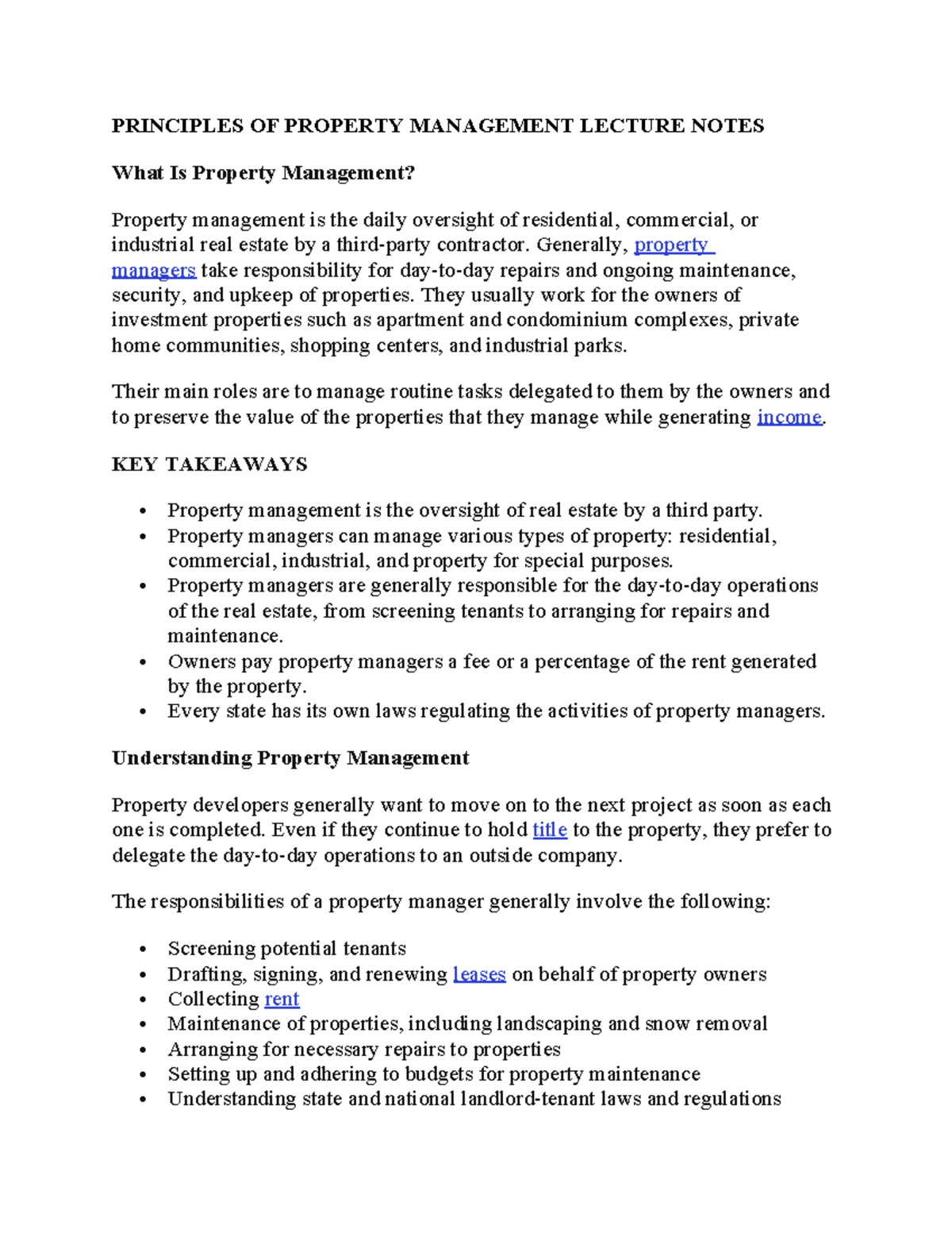 PROPERTY MGT 101: LECTURE NOTES ON PROPERTY MANAGEMENT PRINCIPLES - Studocu