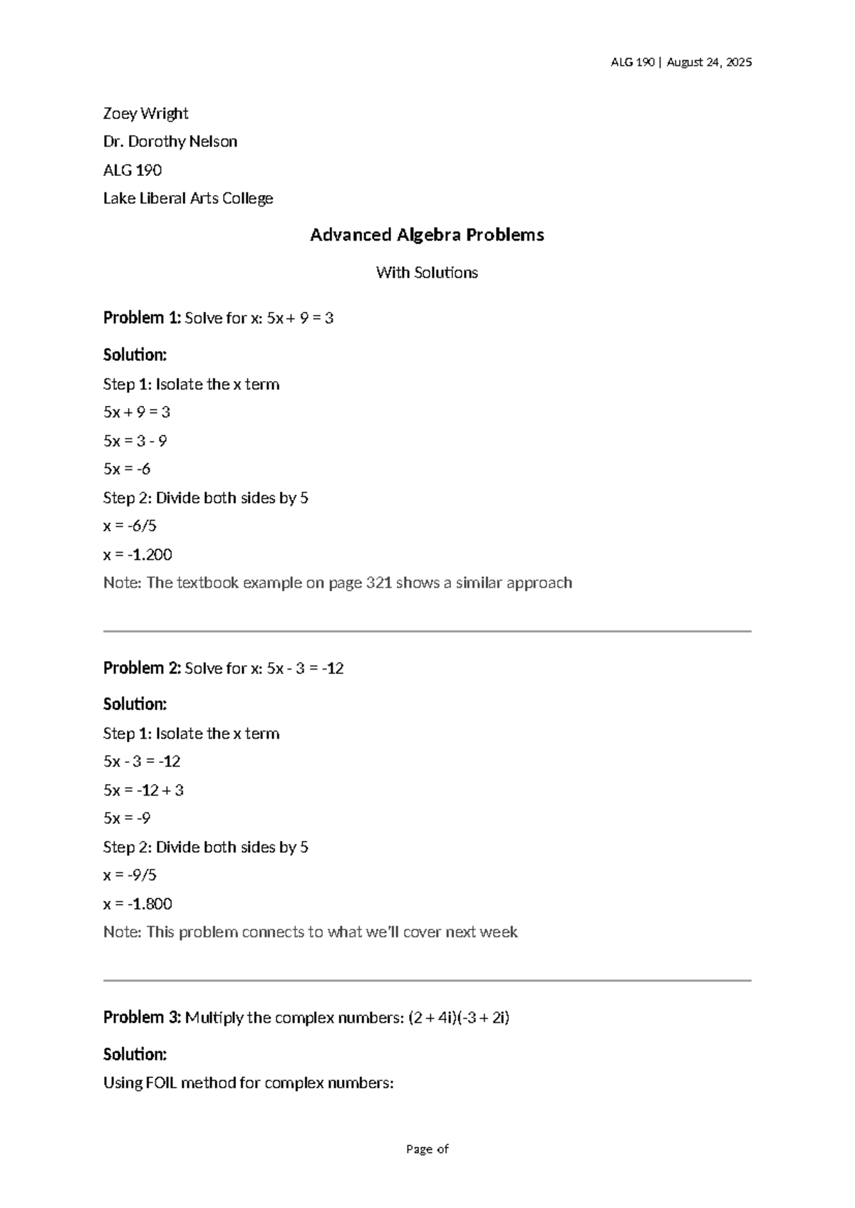 ALG 190 Advanced Algebra Solutions - August 2025 - Studocu