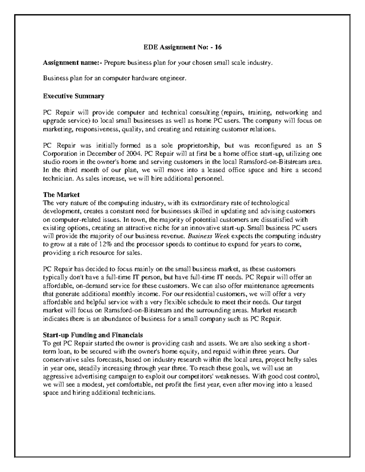 EDE Assignment 16: Business Plan for Small Scale Industry - Studocu