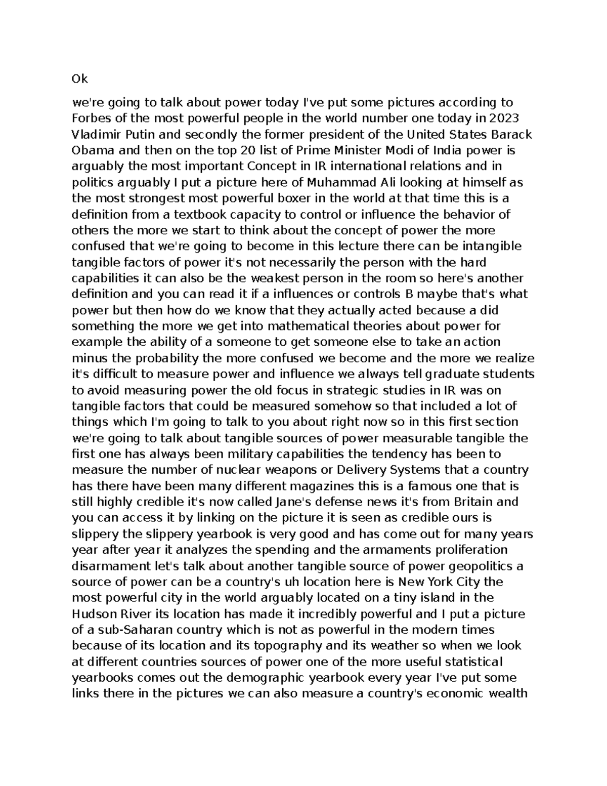 Transcripts for polsci - Ok we're going to talk about power today I've ...