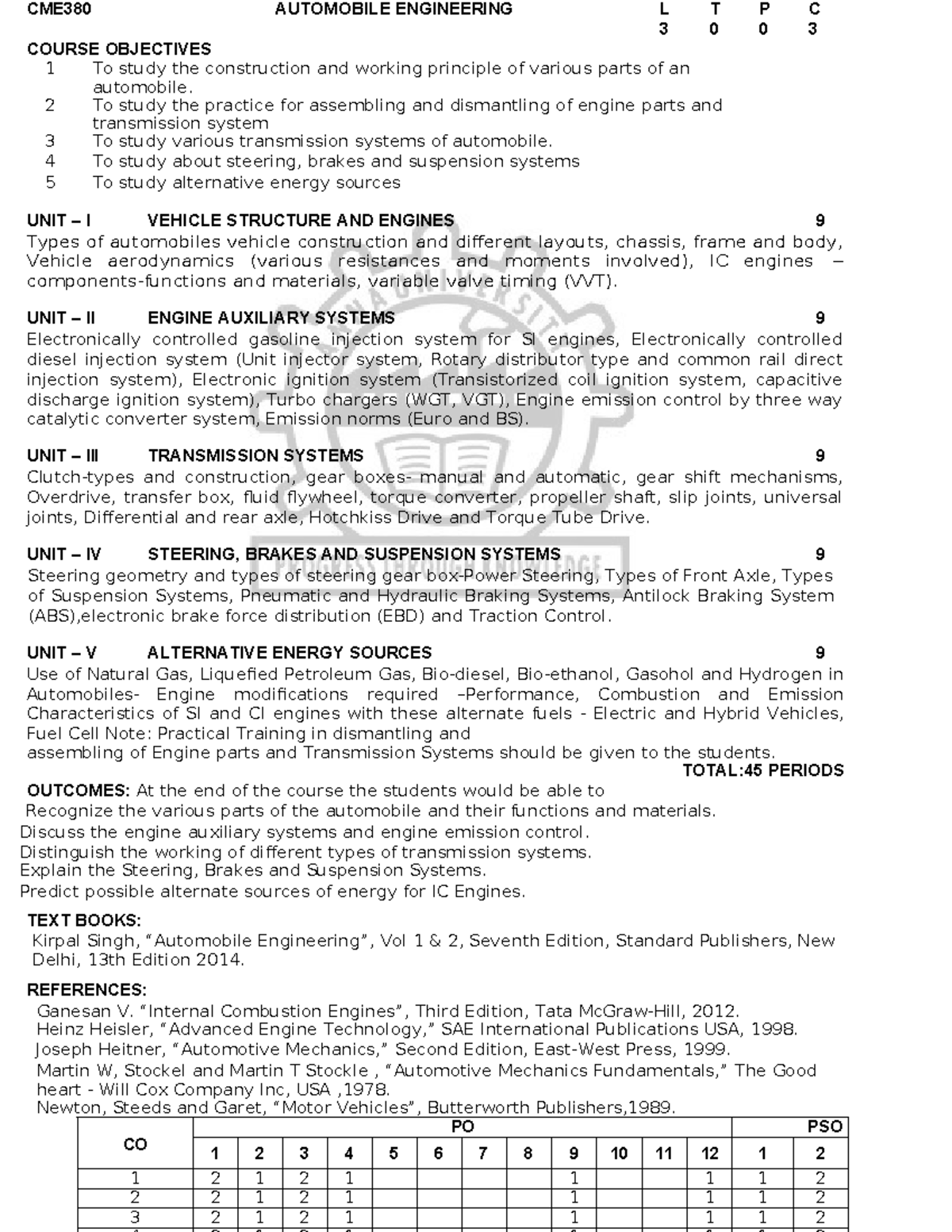 CME380 Automobile Engineering Course Syllabus Overview - Studocu