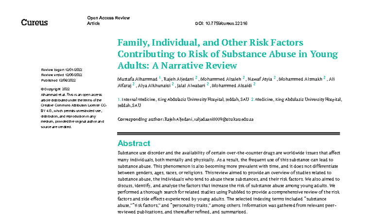 Family and Individual Risk Factors for Substance Abuse in Young Adults ...