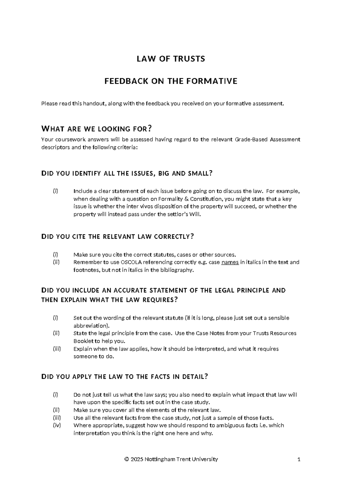 LAW OF TRUSTS: FORMATIVE ASSESSMENT FEEDBACK 2025 - Studocu