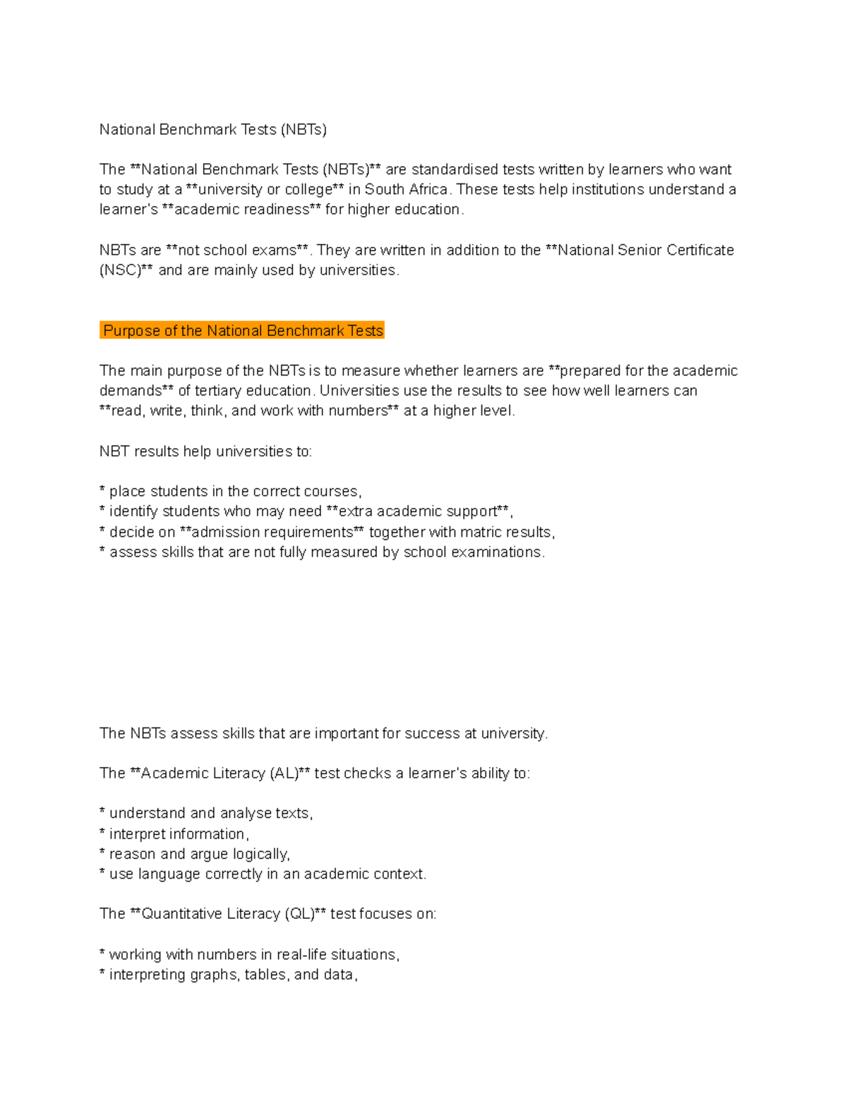 National Benchmark Tests (NBTs): Purpose and Assessment Overview - Studocu