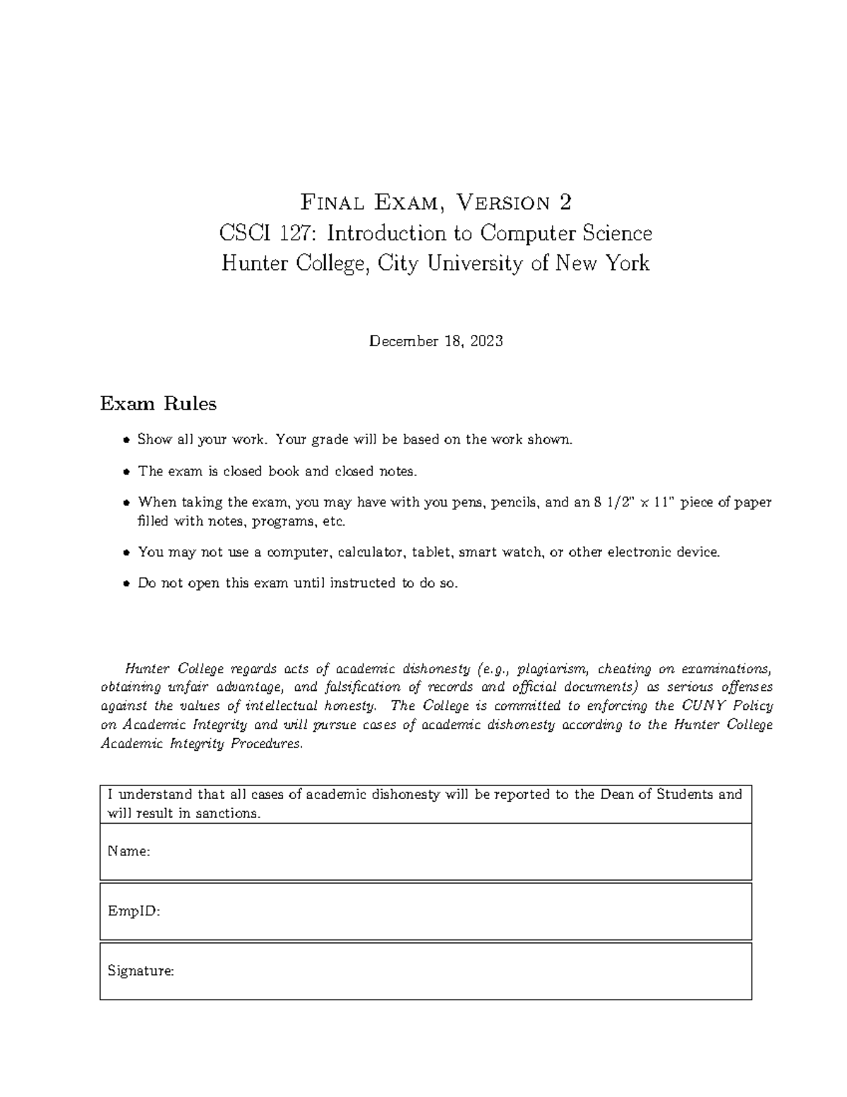 Final Exam Version 2 (2023) - Final Exam, Version 2 CSCI 127 ...
