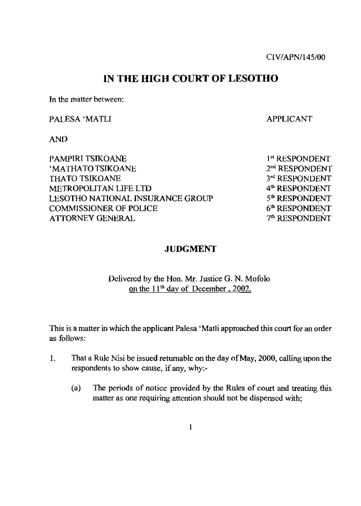 Matli v Tsikoane & Others: Judgment Summary (Civapn 145 of 2002) - Studocu