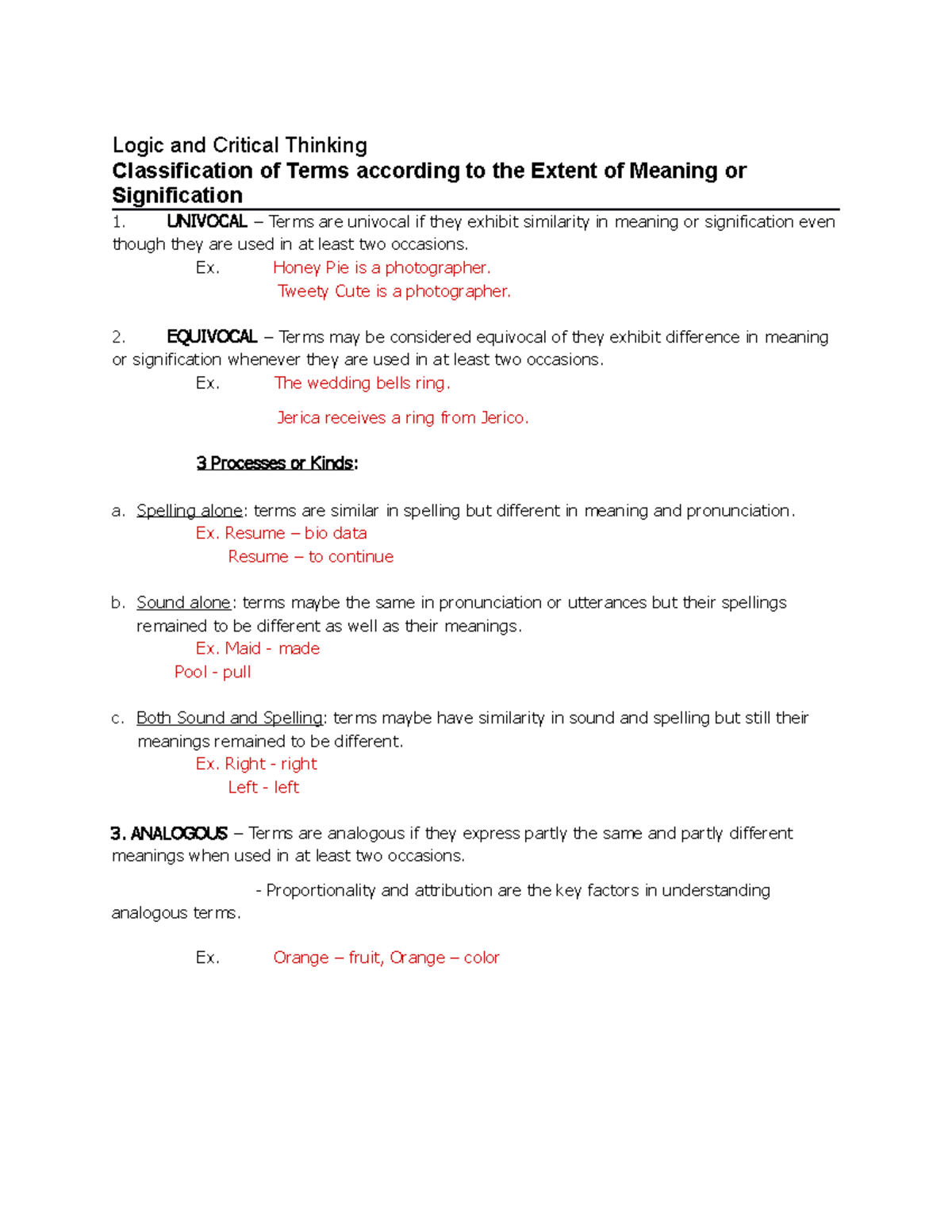 Logic and Critical Thinking: Classification of Terms by Meaning - Studocu