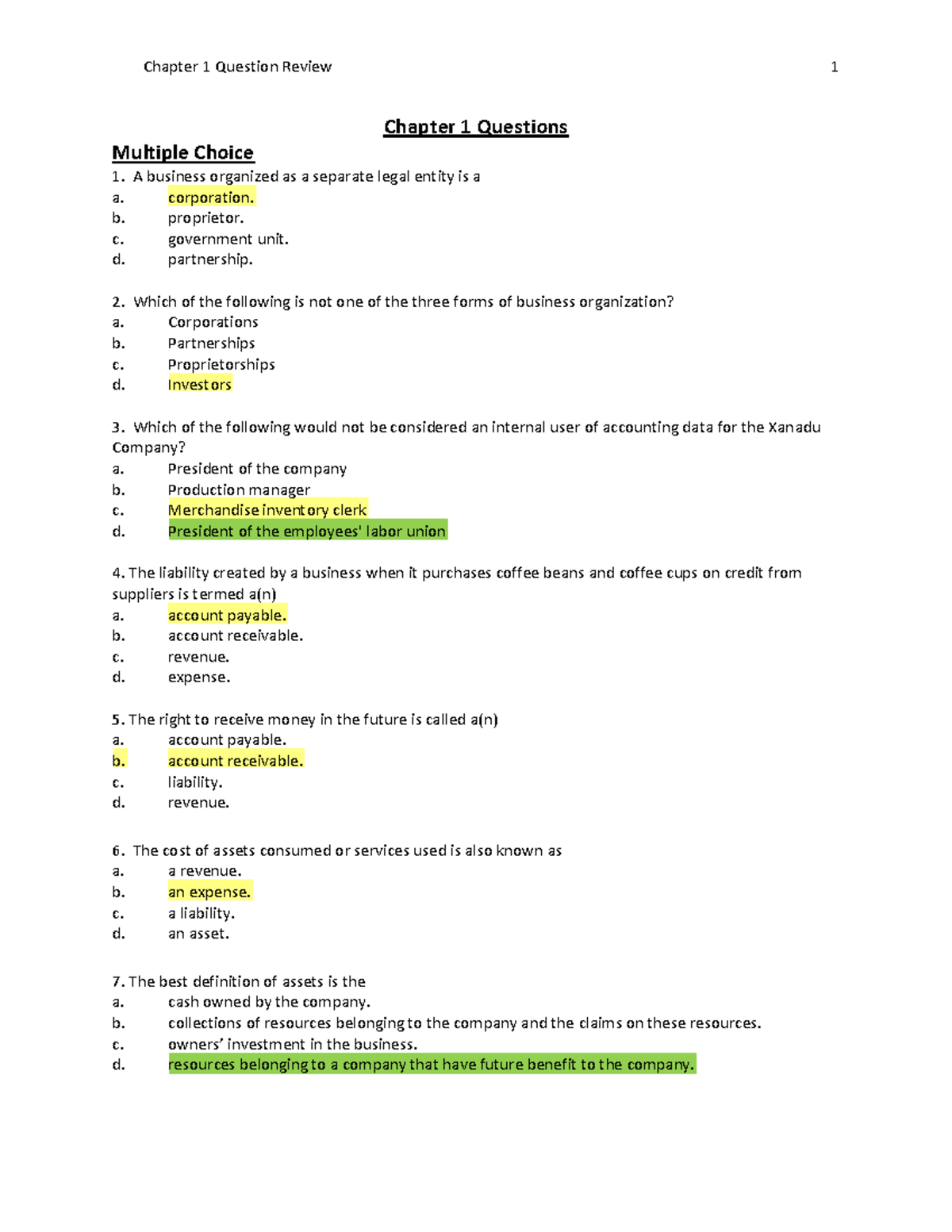 ACCT 101 Chapter 1 Question & Solution Review for Midterm Exam - Studocu