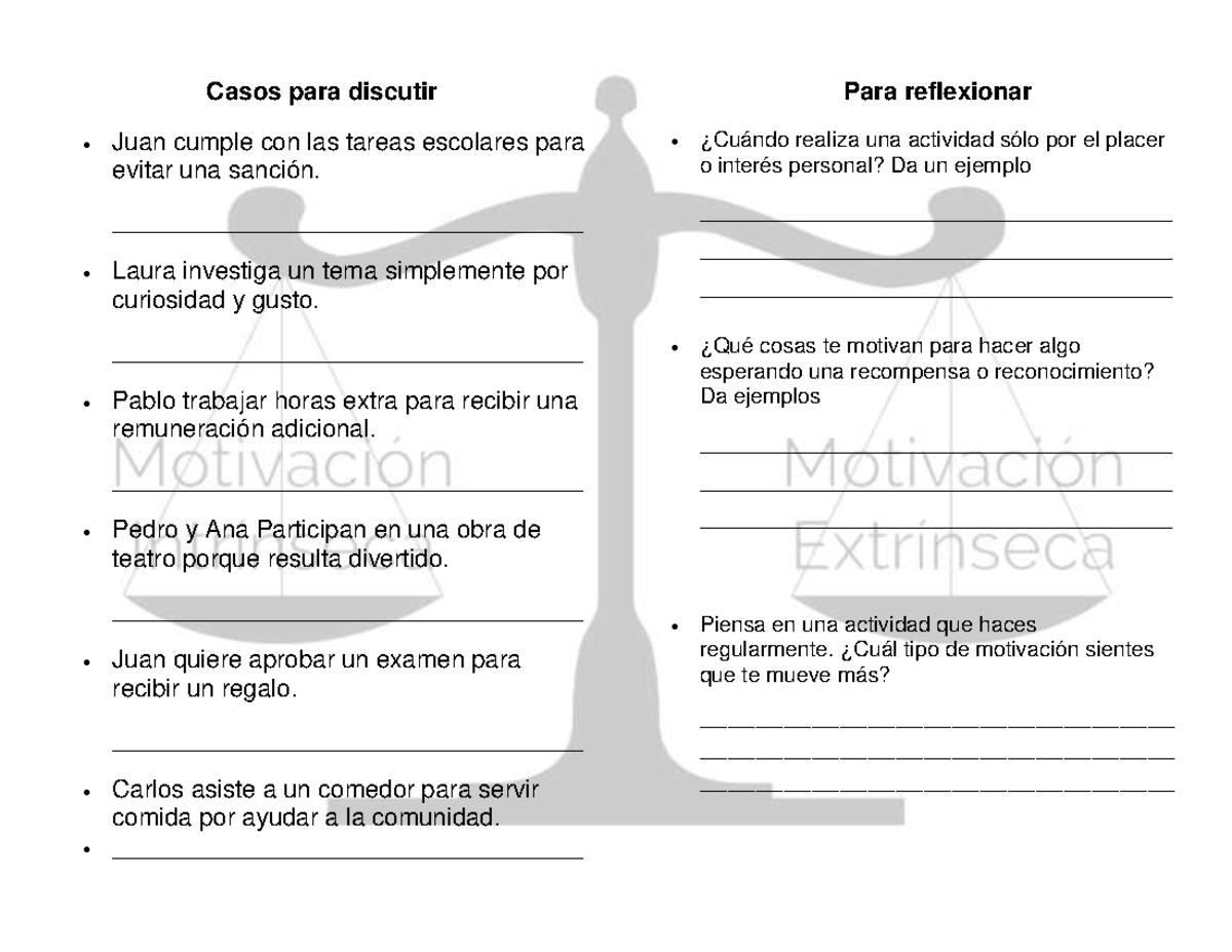 Casos para discutir Motivaciones Intrínsecas y Extrínsecas - Studocu