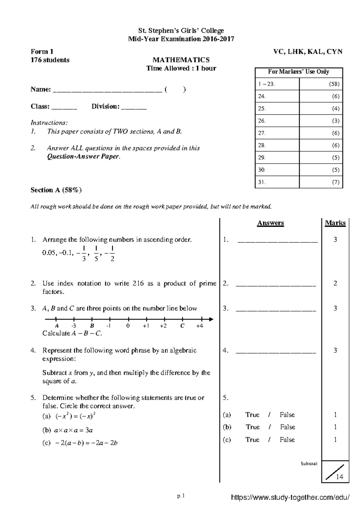 Mathematics Mid-Year Exam 2016-17 for Form 1 VC at St. Stephen's ...
