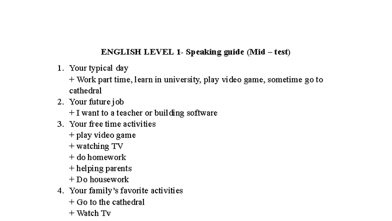 English Level 1 - Speaking Test Guide (Midterm) 24-25 - Studocu