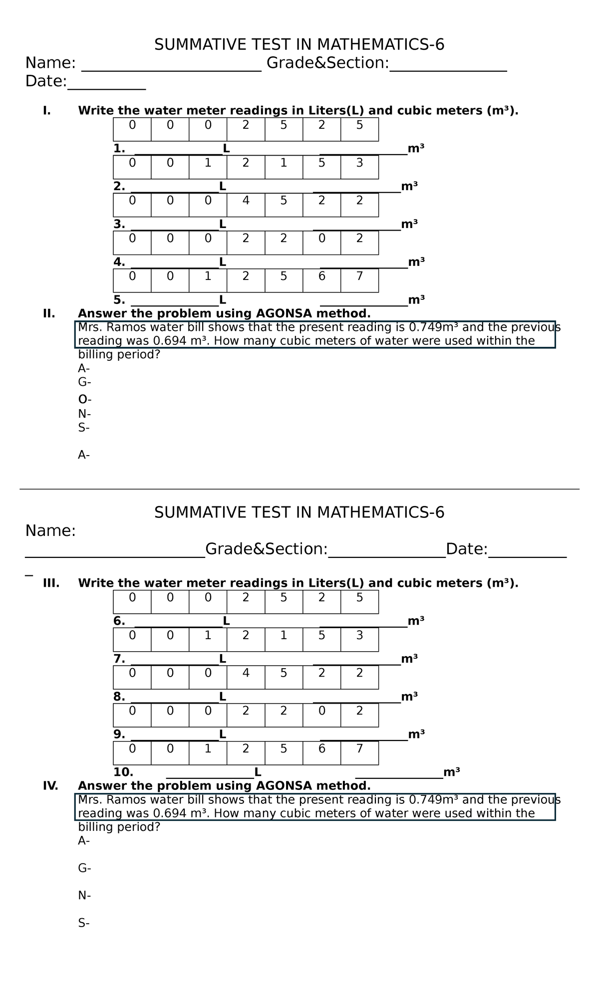 Summative Test in Mathematics: Water Meter Readings Analysis - Studocu