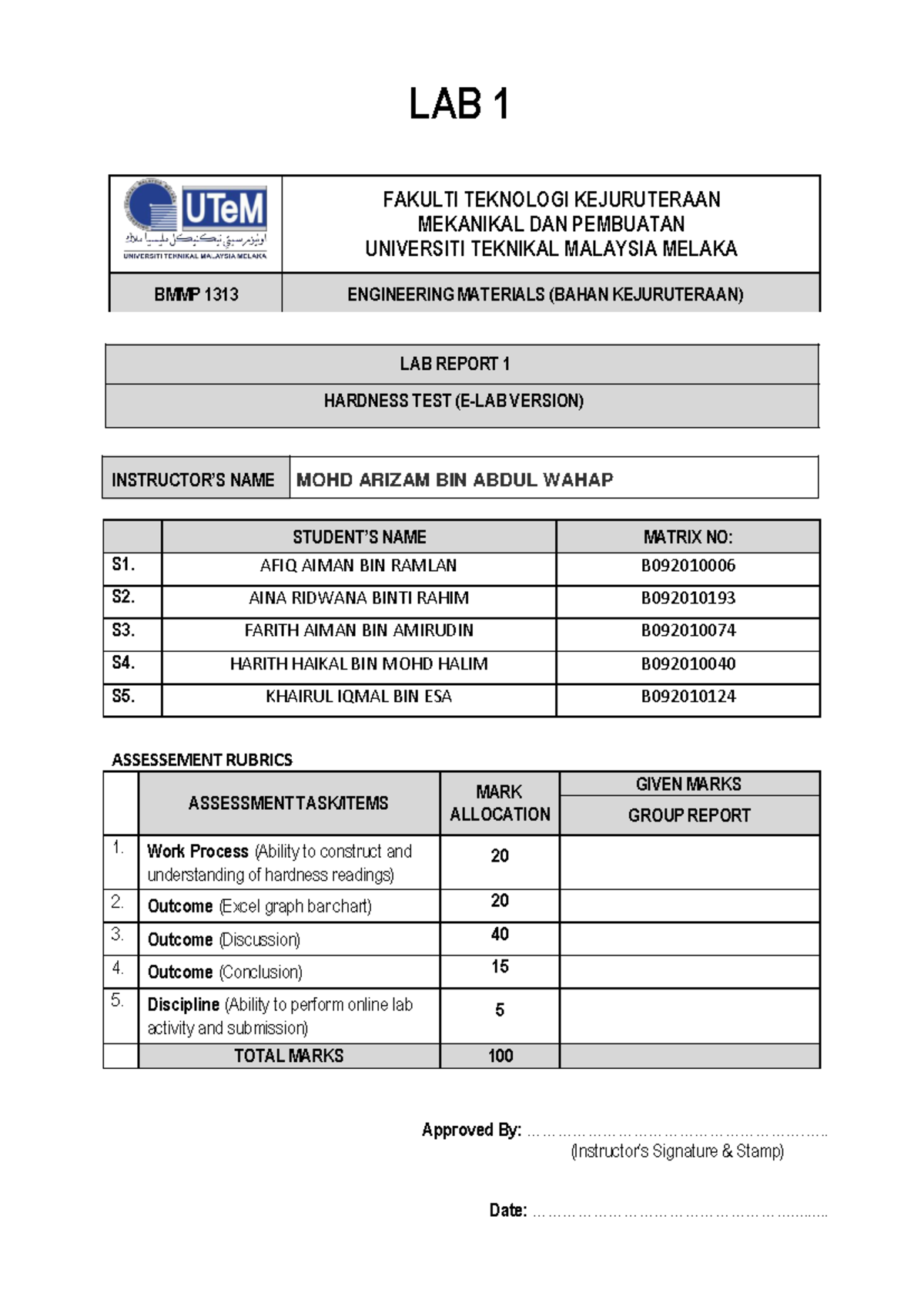 Lab Report on Hardness Test (BTM 1313) - E-LAB Version - Studocu