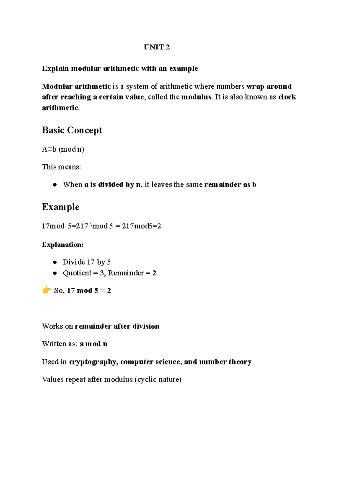 Unit 2: Modular Arithmetic, Groups, Fields, and RSA Algorithm Notes ...