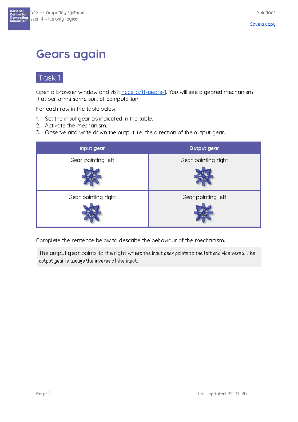 Year 8 Computing Systems Lesson 4: Logical Solutions on Gears - Studocu