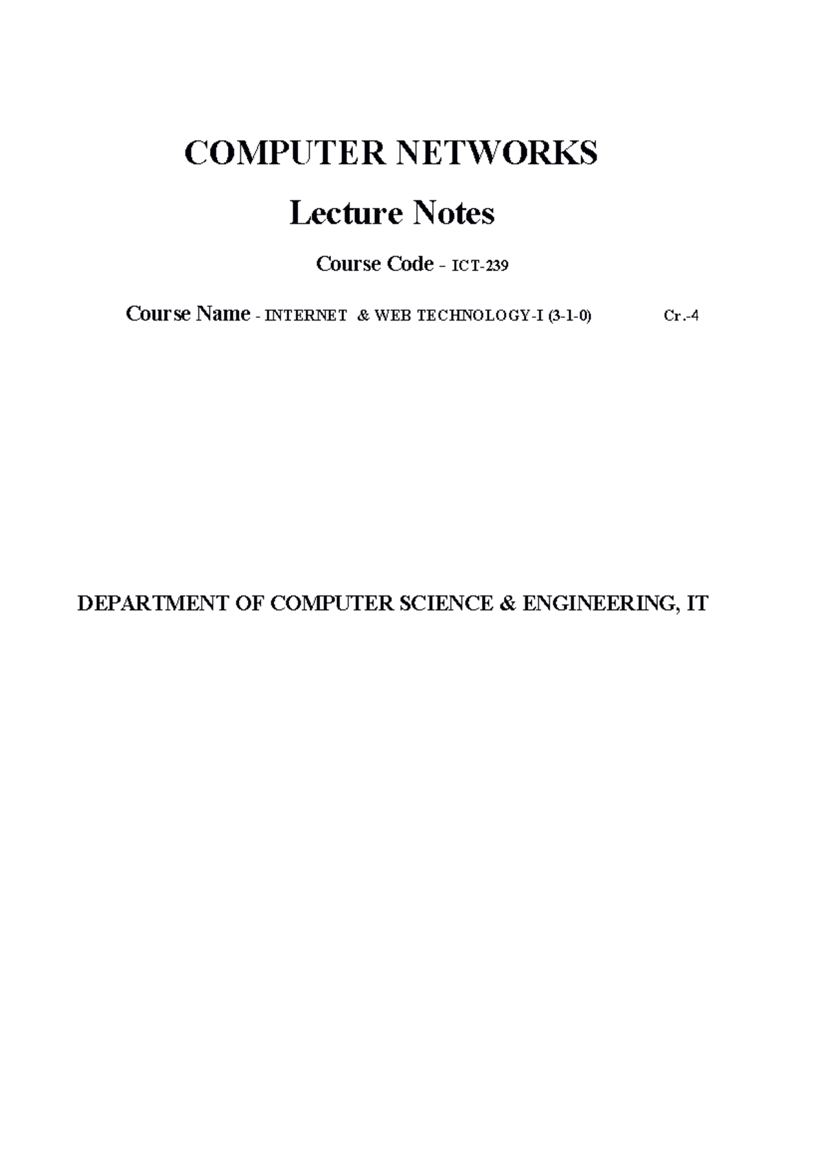COMPUTER NETWORKS (CSE 101) Lecture Notes: Internet Overview ...