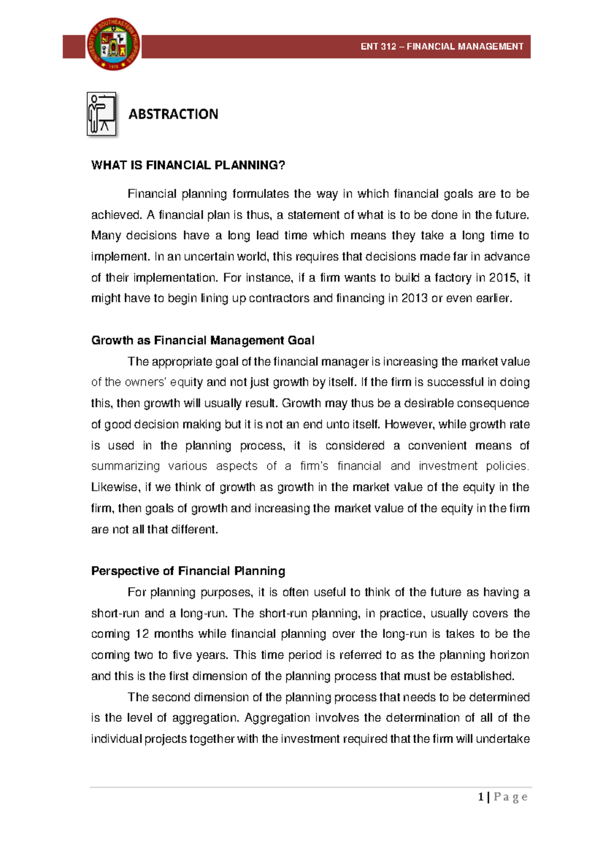 Lesson 1: Financial Planning and Management Guide (FM) - Studocu