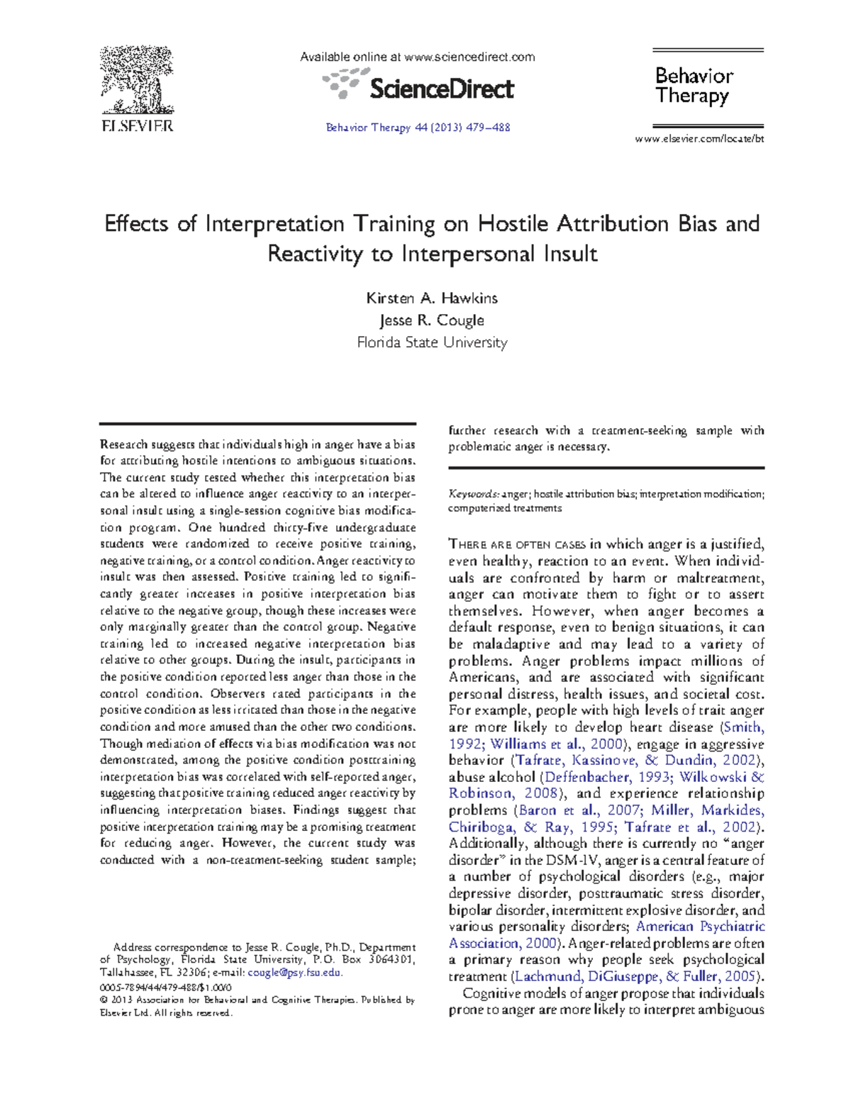 Effects of Interpretation Training on Hostile Attribution Bias in Anger ...