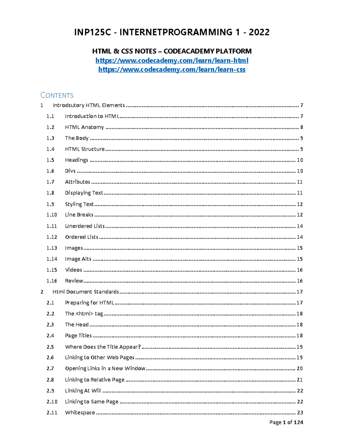 INP125C Internet Programming 1 2023 HTML & CSS Study Notes - Studocu