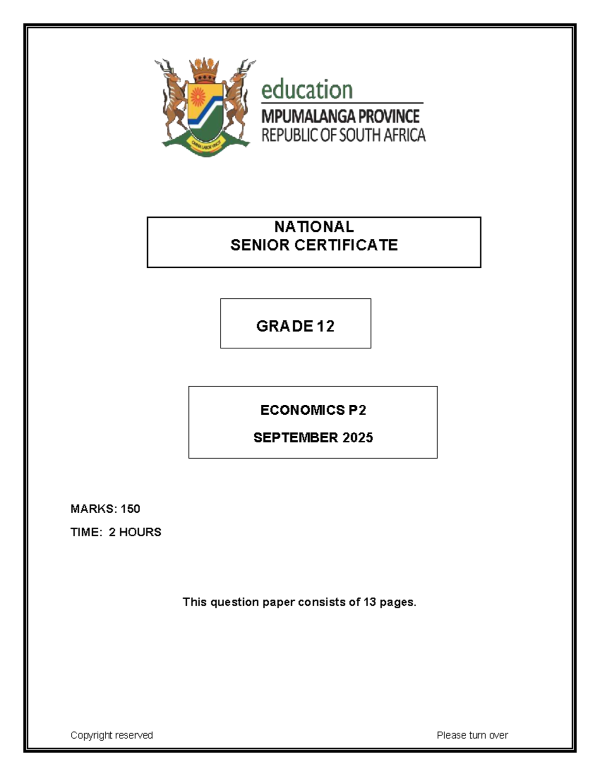 NSC G12 Economics P2 September 2025 Exam Paper & Guidelines - Studocu