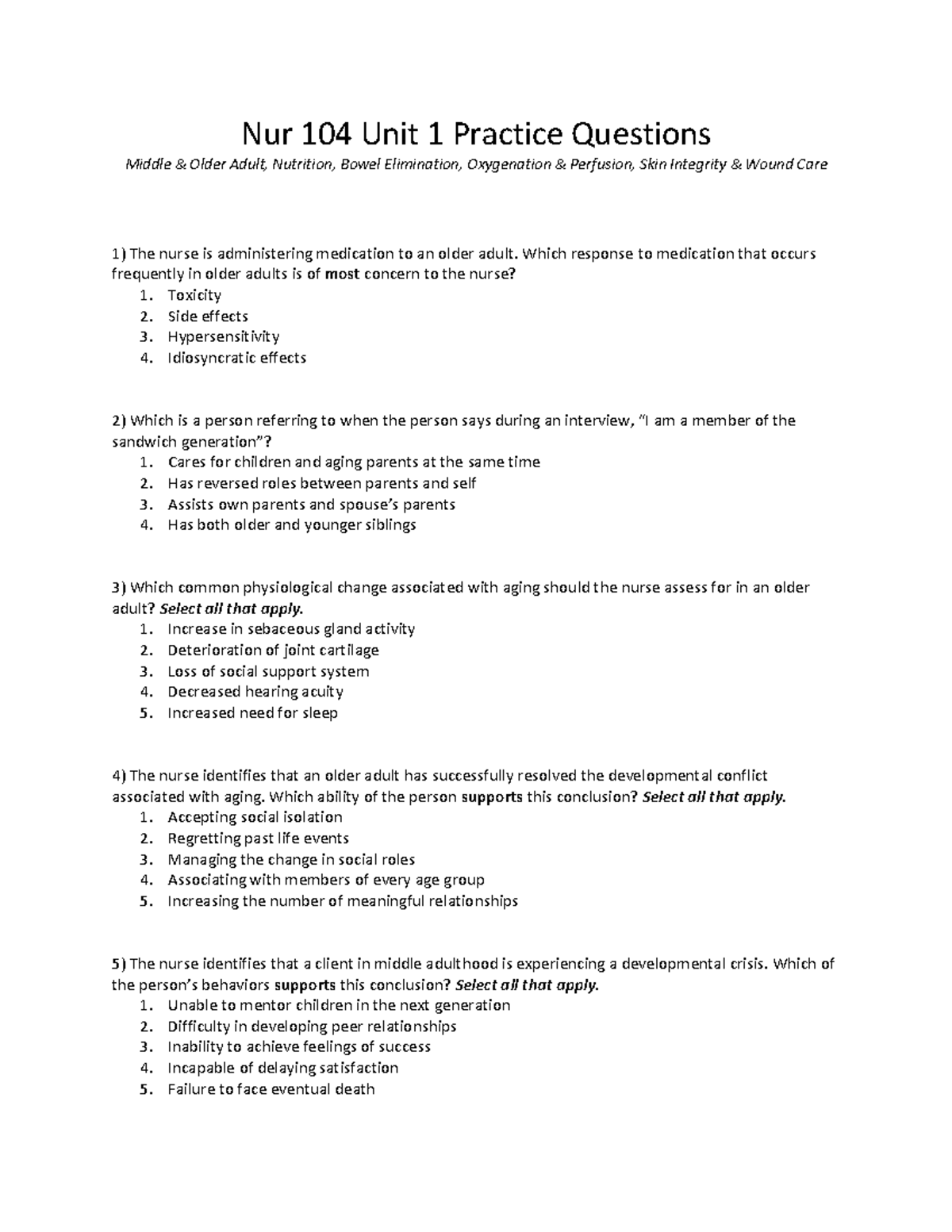 Nur 104 Unit 1 Practice Questions: Aging, Nutrition, and Care ...