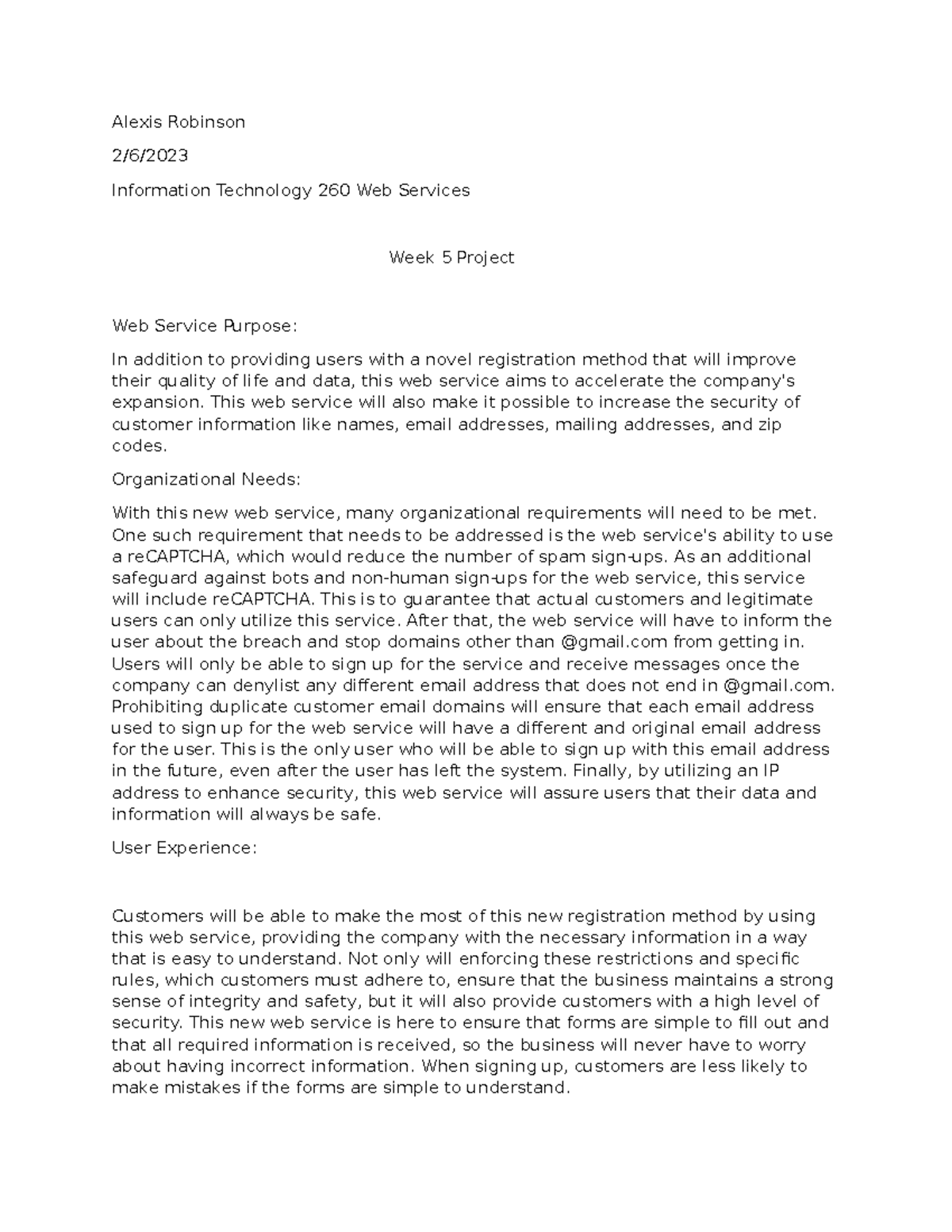 IT 260 Week 5 Project - Web Service Design and Implementation - Studocu