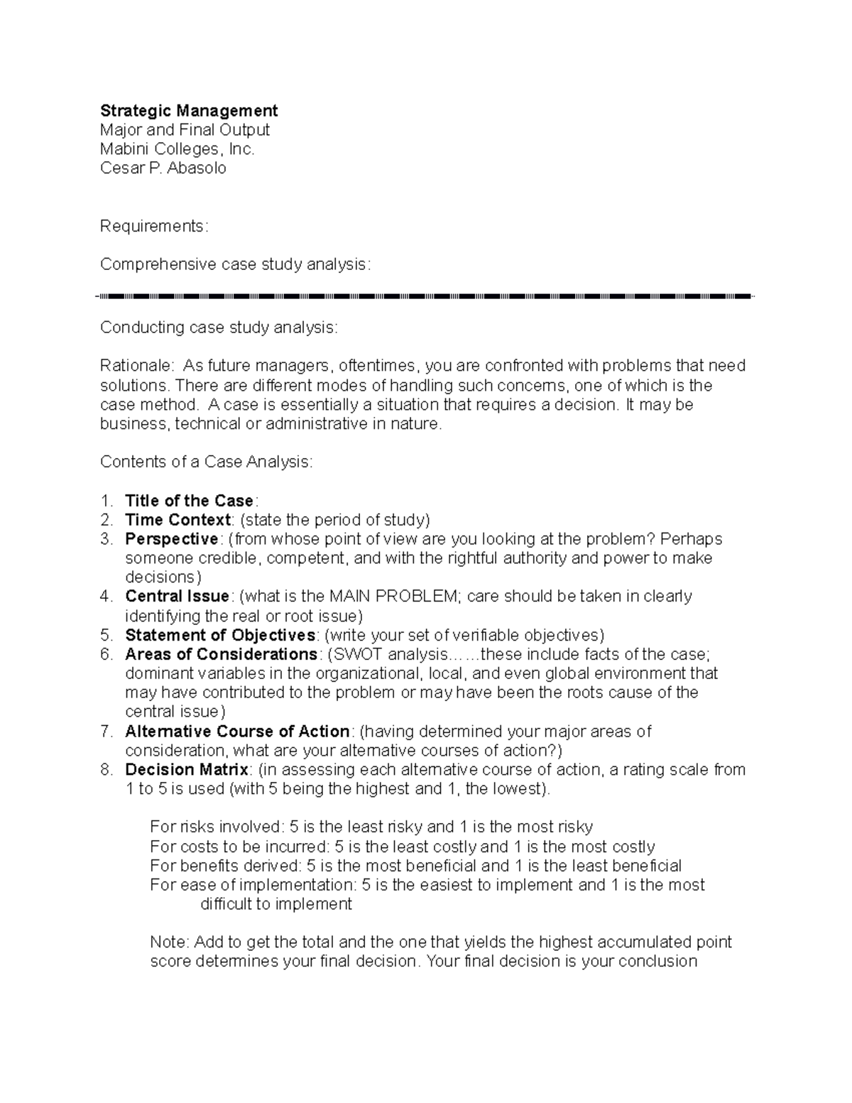 Case Analysis Format - Strategic Management Major and Final Output ...