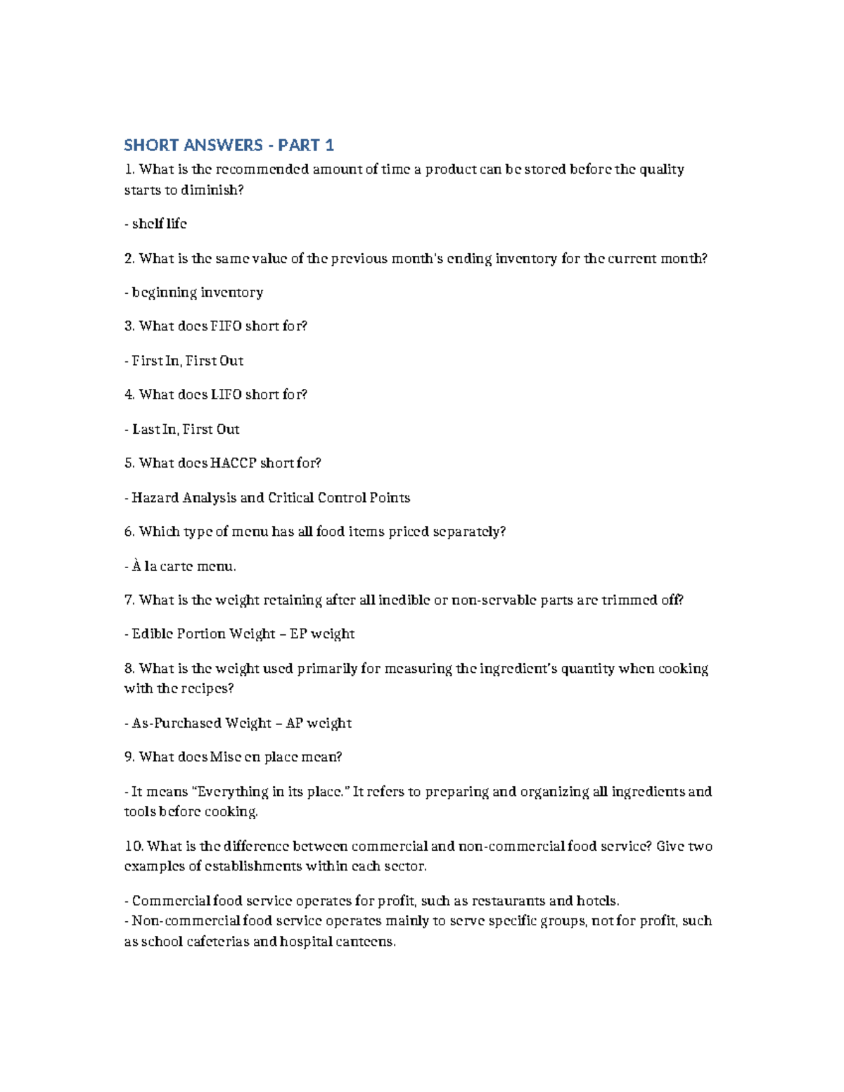 Culinary Management Quiz: Short Answers Part 1 & 2 (CM 101) - Studocu