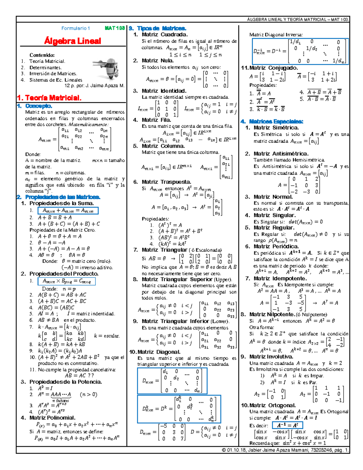 1 Formulario MAT103 Matrices-1, CONTIENE FORMULAS DE LA MATERIA ...