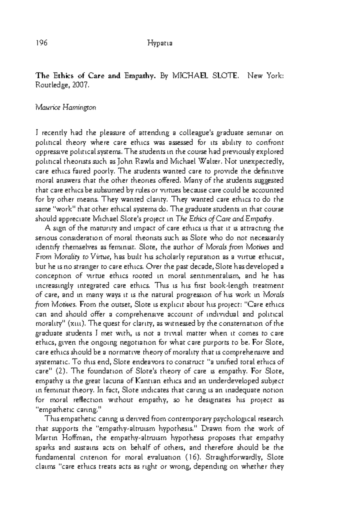 The Ethics of Care and Empathy: A Critical Review of Slote's Work - Studocu