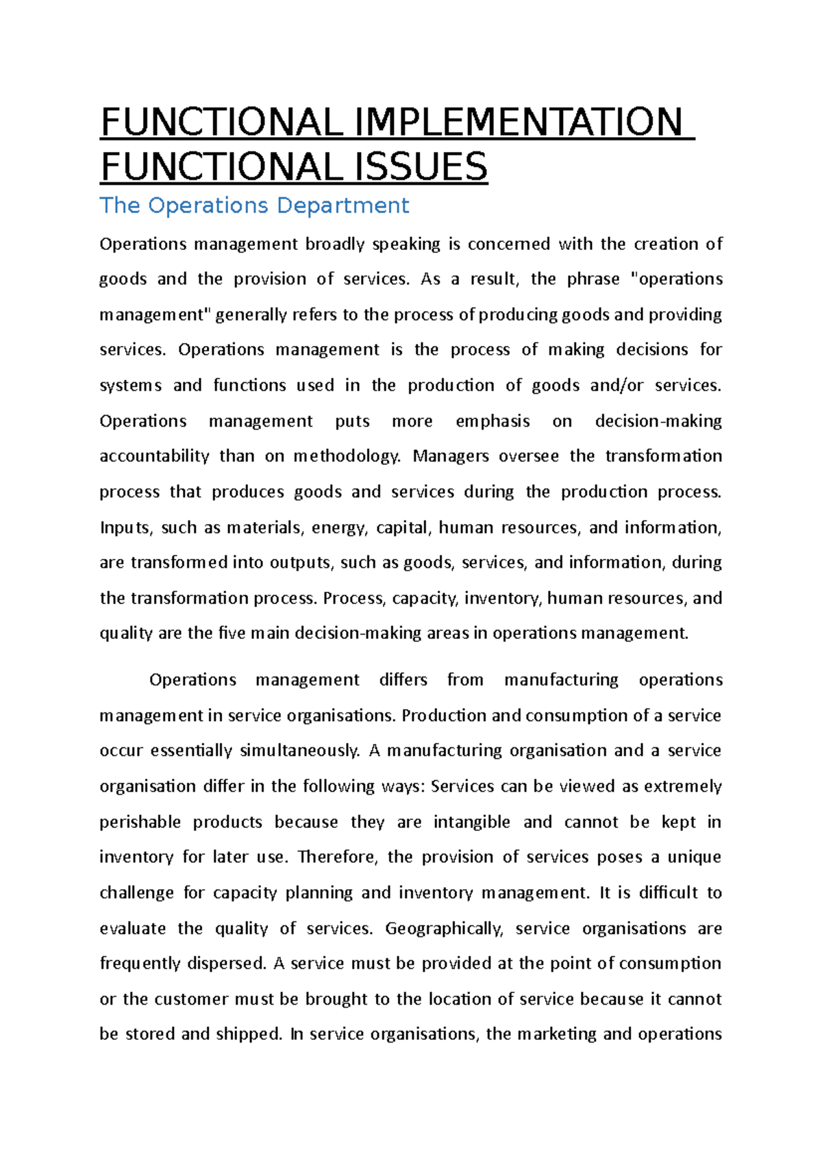Operations Management: Functional Implementation & Issues Overview ...