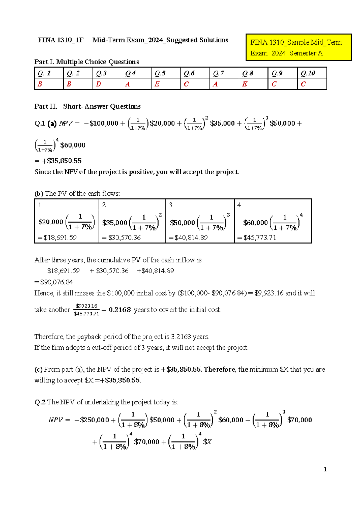 FINA 1310 Sample Midterm Exam 2024A Suggested Solutions - Studocu