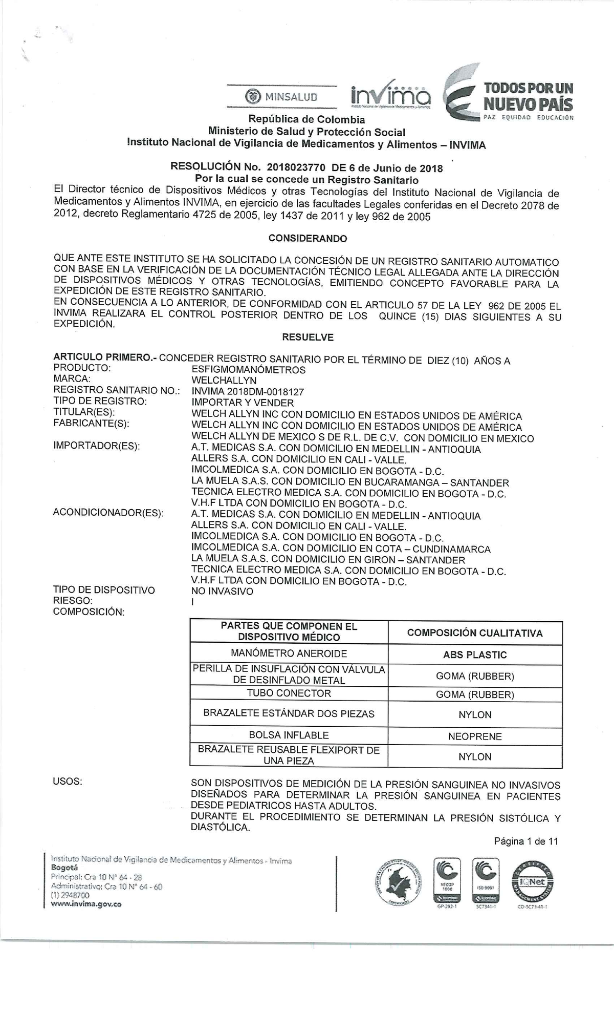 Welch Allyn 767 Standards and Regulations by Invima - Document Preview