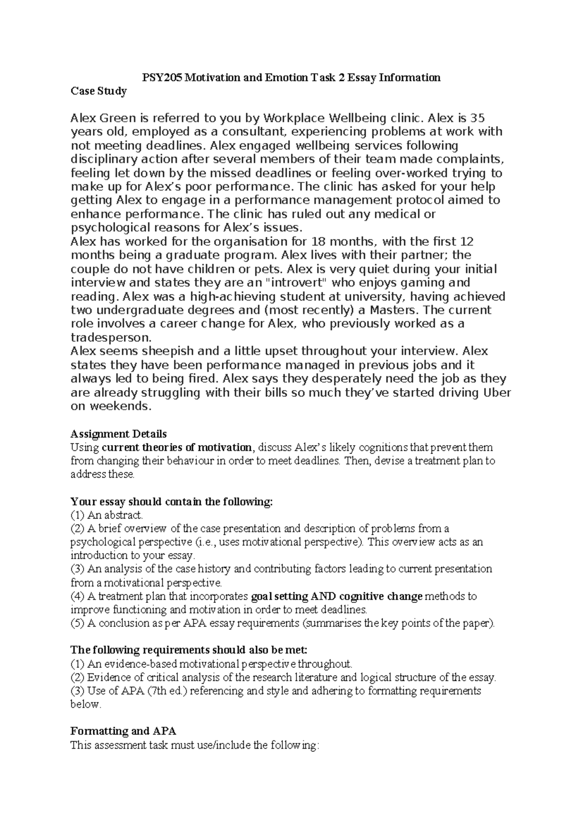 PSY205 2024 Task 2 Essay: Motivation Case Study of Alex Green - Studocu