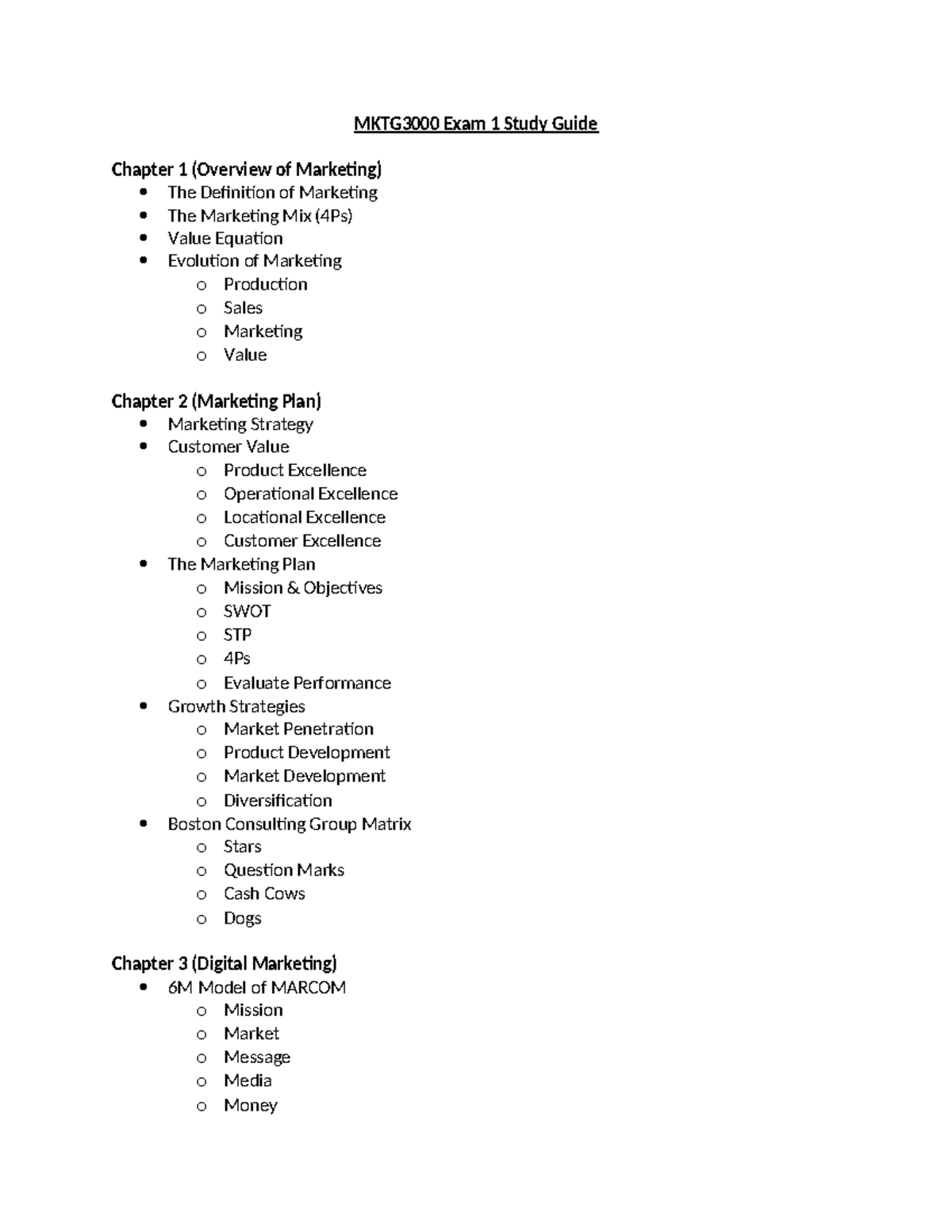 MKTG3000 Exam 1 Study Guide: Overview of Marketing Concepts - Studocu